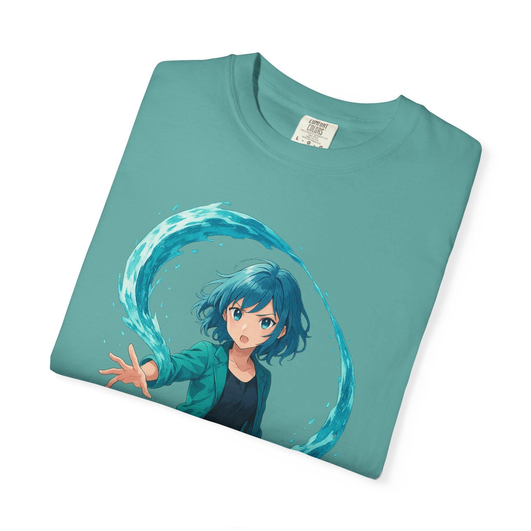 Anime Water Spirit Girl T-Shirt Neon Wave Power Graphic Tee Japanese Fantasy Streetwear Gift for Anime Fans