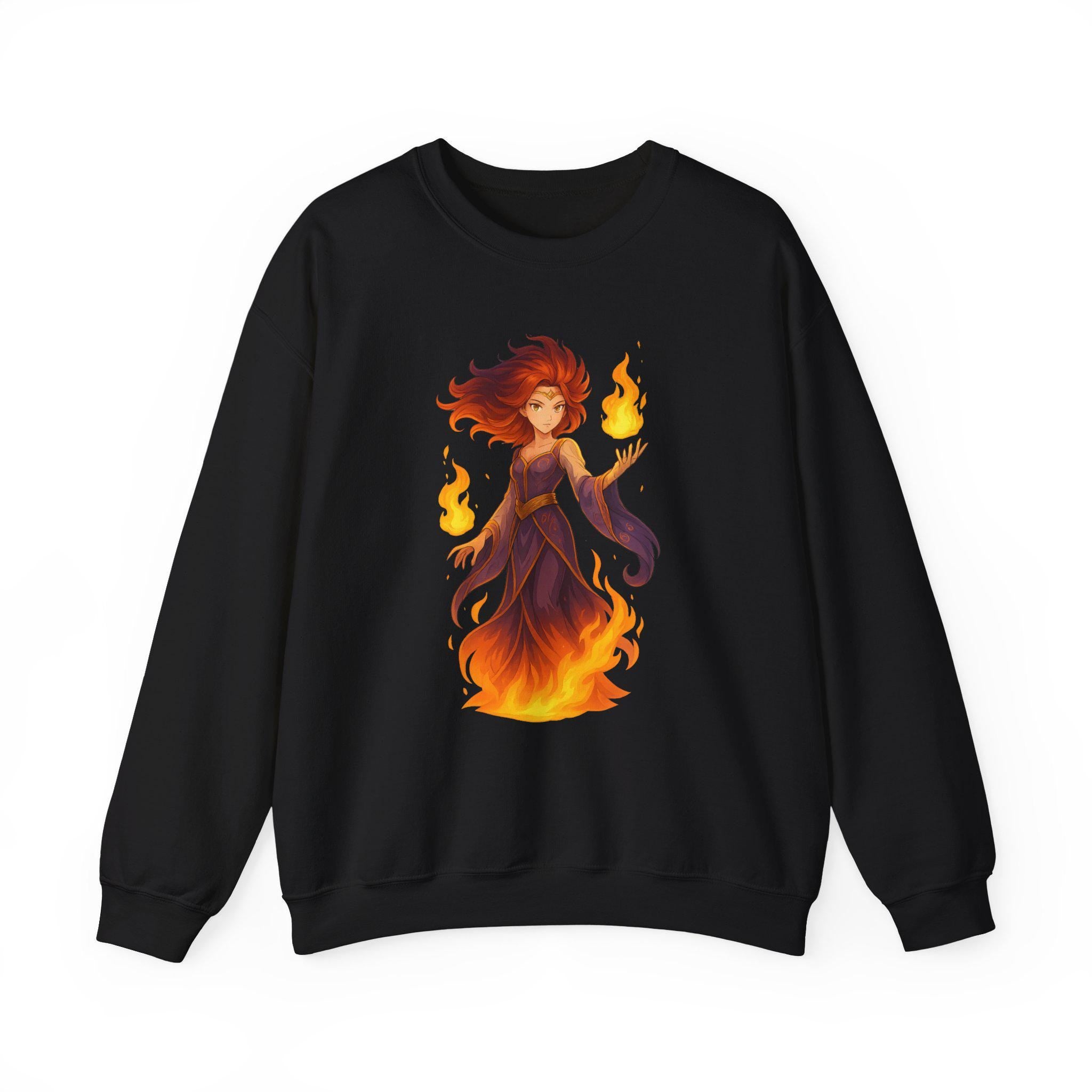 Anime Fire Sorceress Sweatshirt, Fantasy Japanese Hoodie, Magical Warrior Girl Art, Neon Glow Streetwear, DTG Print