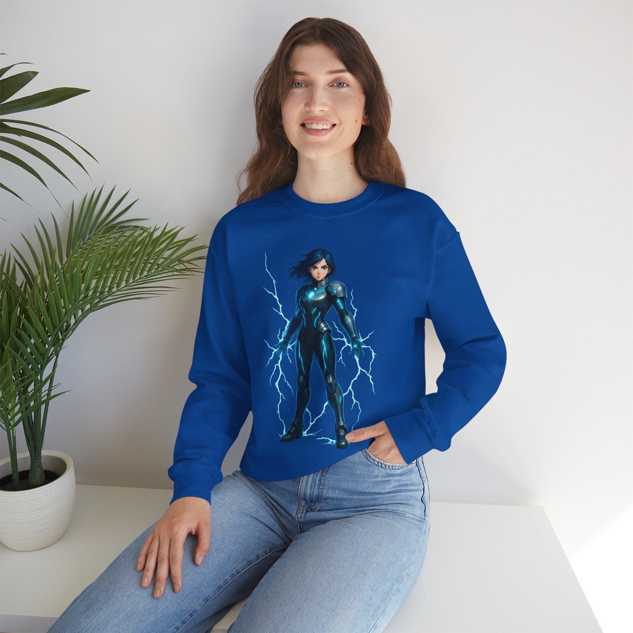 Anime Female Electric Hero Art Sweatshirt, Manga Wall Art, Anime Graphic Print Clothing, Cosplay Apparel, Comic Book Character Pullover