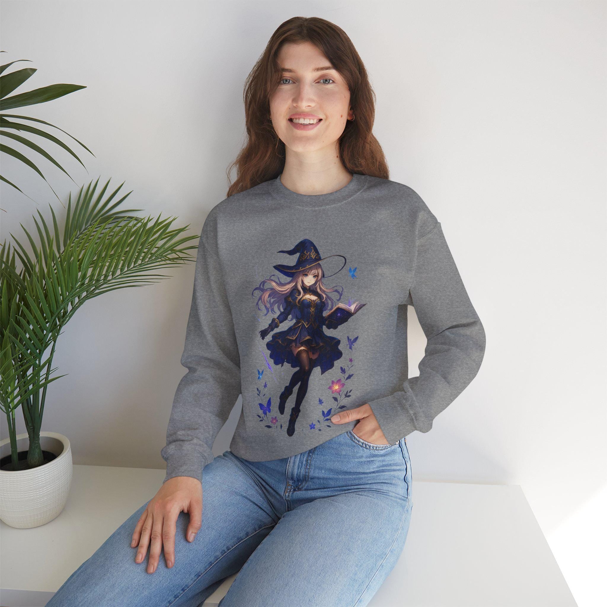 Anime Witch Girl Sweatshirt Magical Book Spellcaster Gift for Fantasy Lovers Otaku Cozy Japanese Style Top
