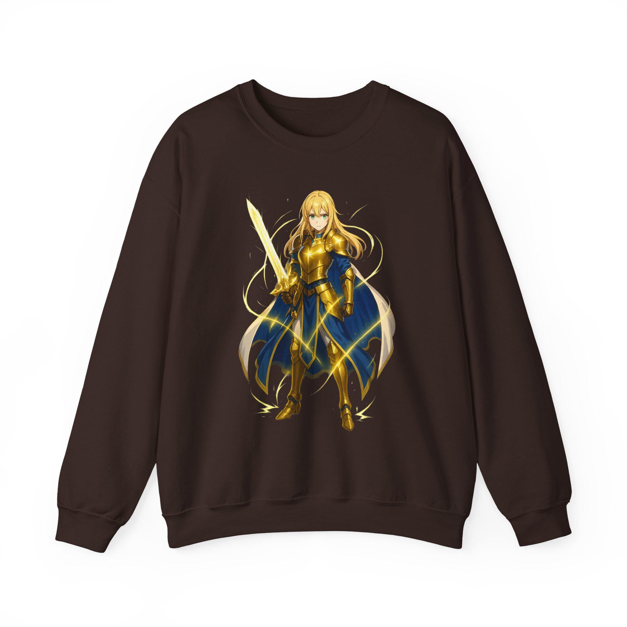 Golden Paladin Anime Sweatshirt Black Neon Glow Armor Design Gift for Anime Fans Fantasy Warrior Streetwear Gamer Apparel