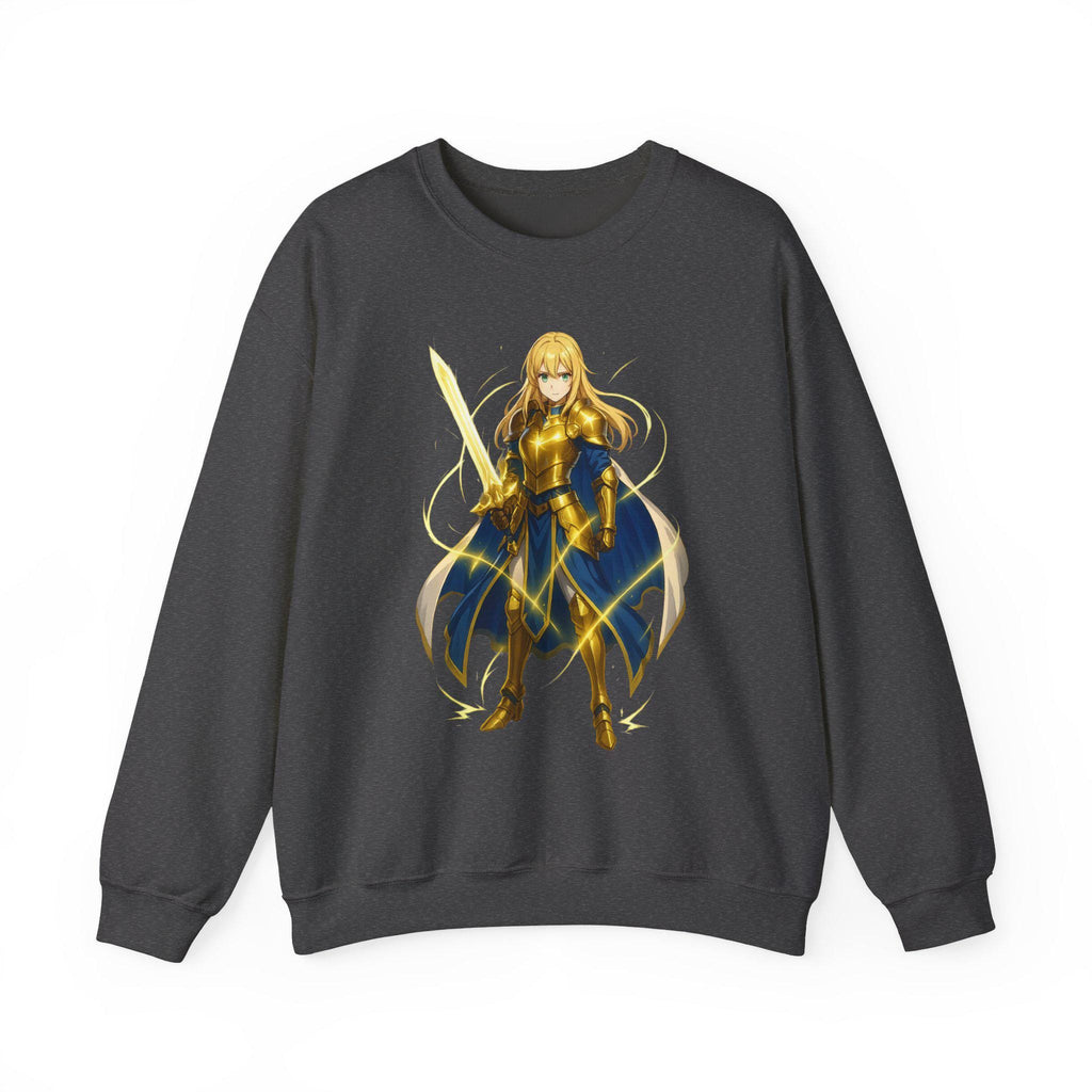 Golden Paladin Anime Sweatshirt Black Neon Glow Armor Design Gift for Anime Fans Fantasy Warrior Streetwear Gamer Apparel