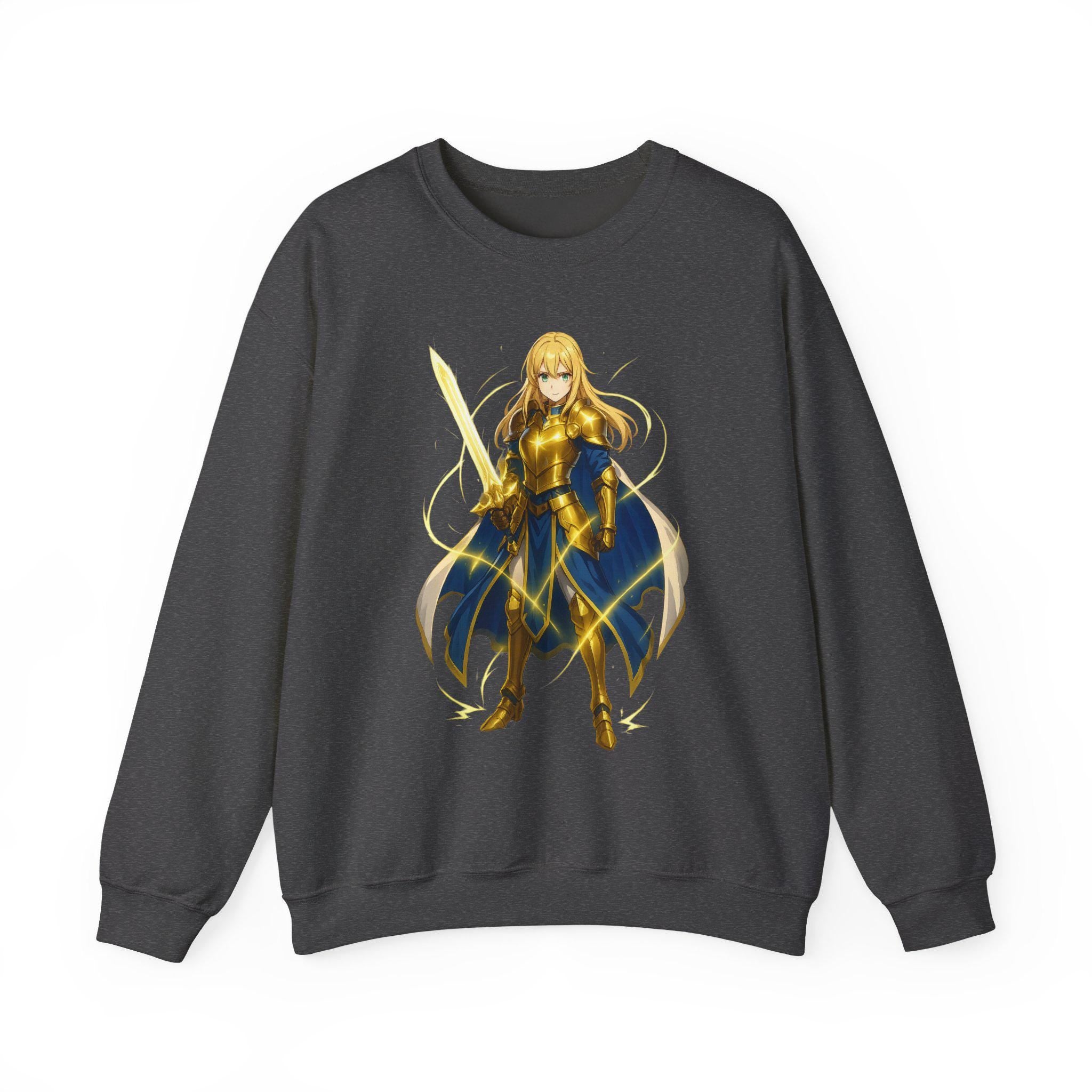 Golden Paladin Anime Sweatshirt Black Neon Glow Armor Design Gift for Anime Fans Fantasy Warrior Streetwear Gamer Apparel