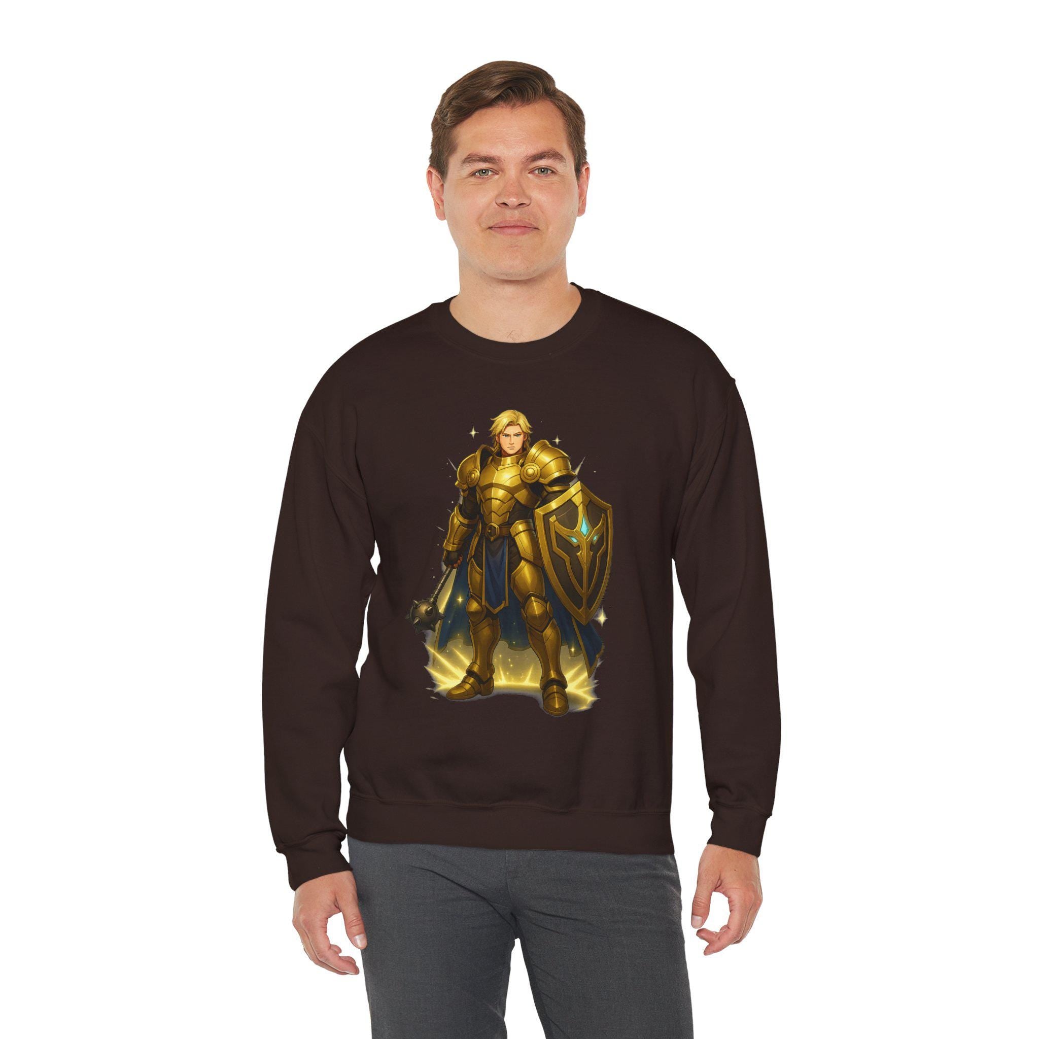 Golden Knight Anime Sweatshirt Black Castle Scene Fantasy Warrior Streetwear Gift for Anime Fans Neon Glow Gamer Apparel