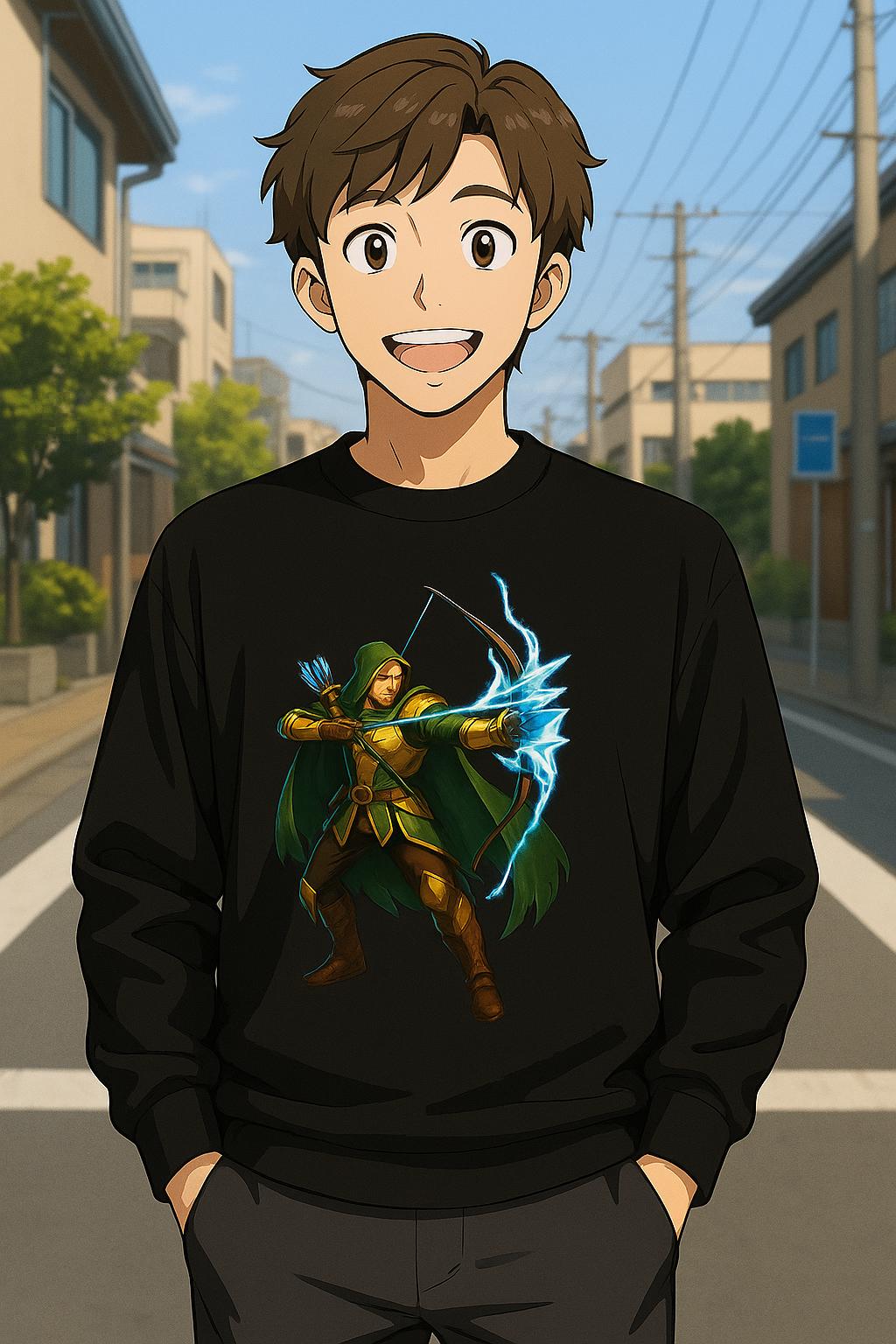Lightning Archer Anime Sweatshirt Black Neon Glow Fantasy Bow Hunter Gift for Gamers Otaku Streetwear Epic Anime Apparel