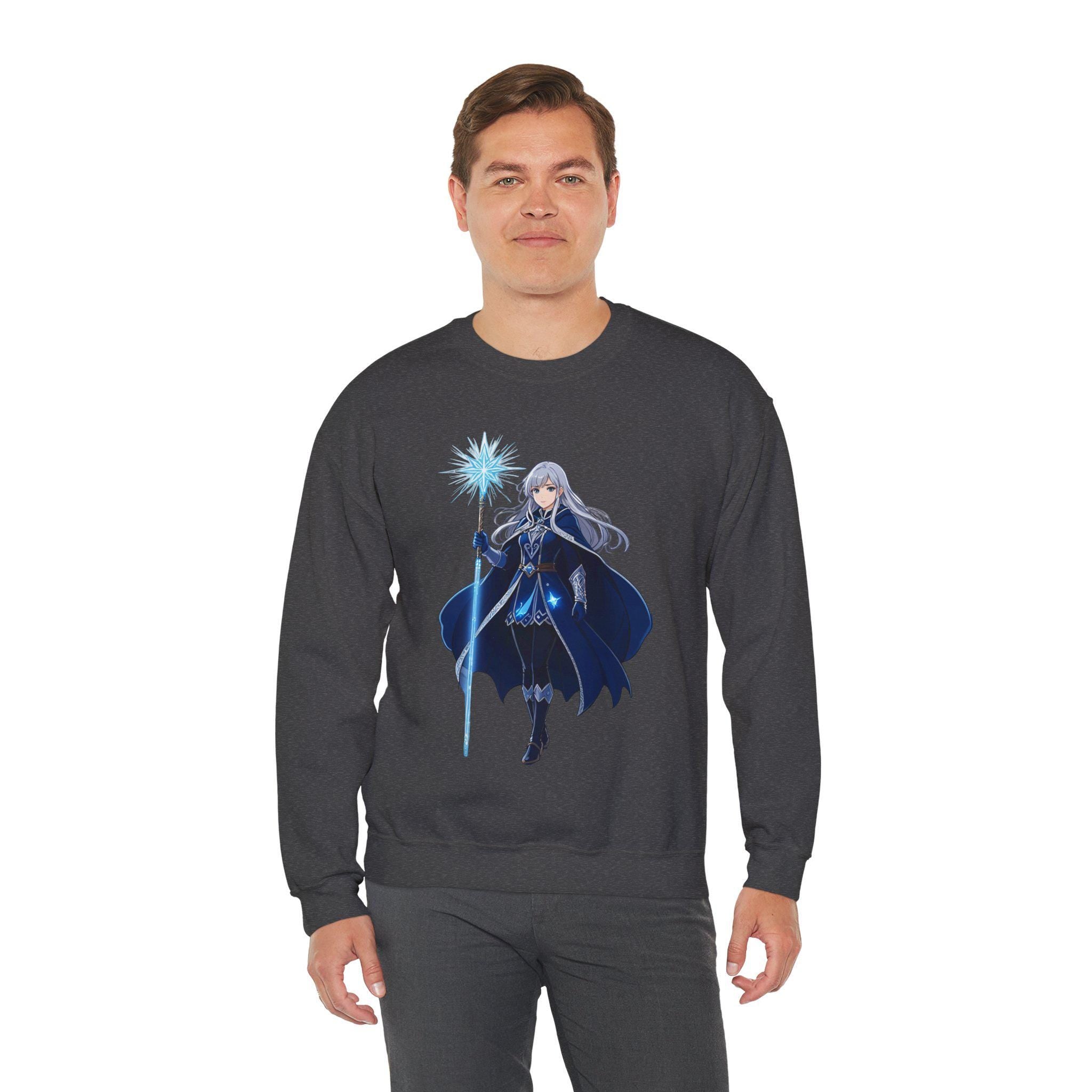 Ice Sorceress Anime Sweatshirt Blue Magic Glow Fantasy Mage Gift for Anime Fans Winter Streetwear Gamer Apparel Epic Anime