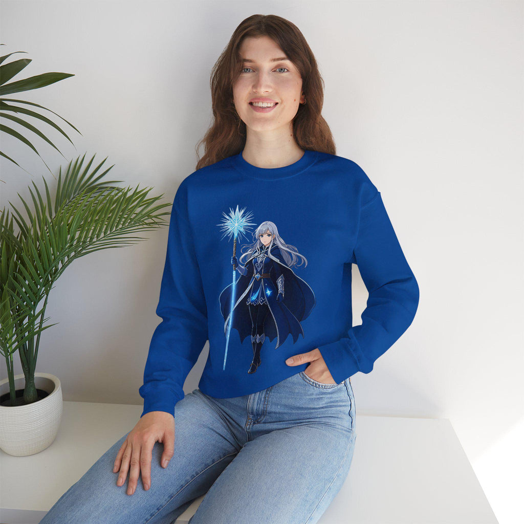 Ice Sorceress Anime Sweatshirt Blue Magic Glow Fantasy Mage Gift for Anime Fans Winter Streetwear Gamer Apparel Epic Anime
