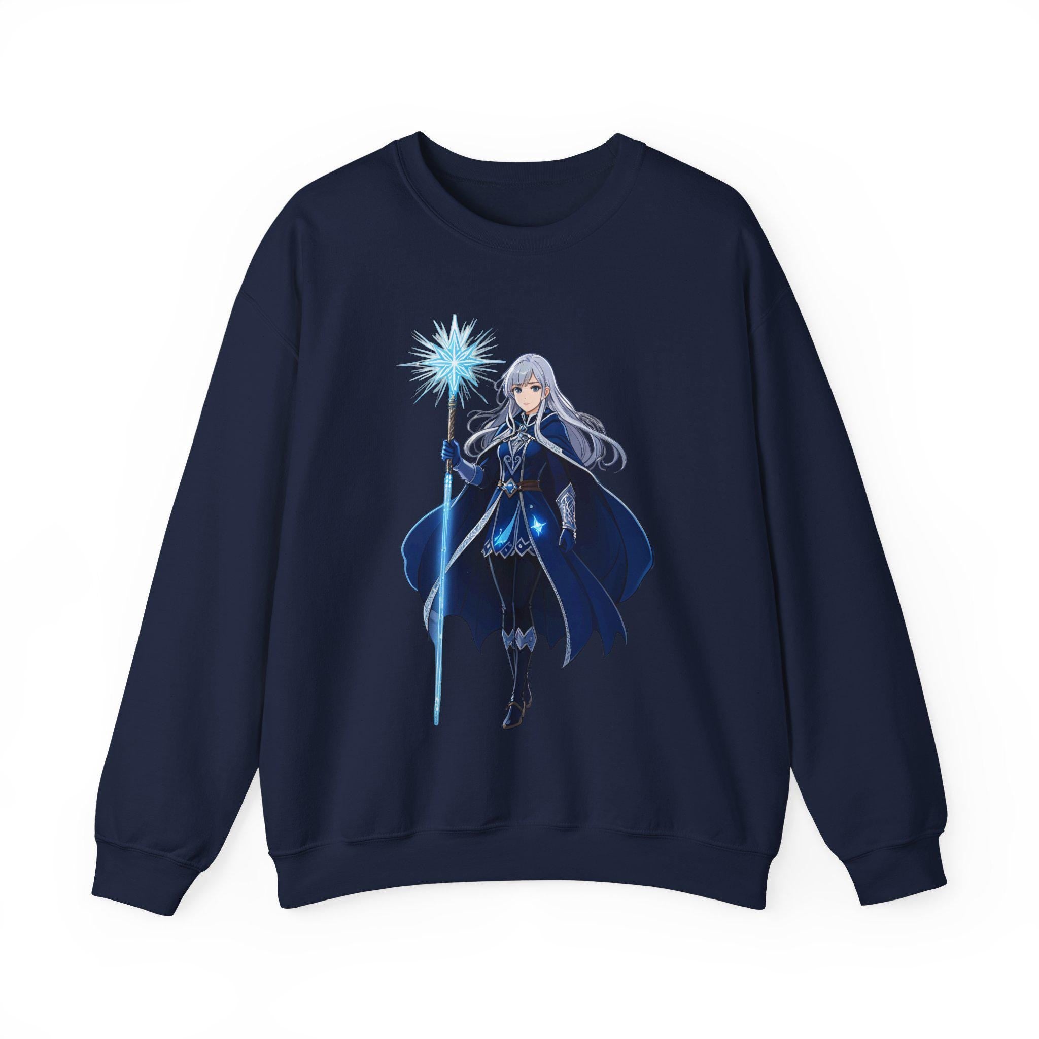 Ice Sorceress Anime Sweatshirt Blue Magic Glow Fantasy Mage Gift for Anime Fans Winter Streetwear Gamer Apparel Epic Anime