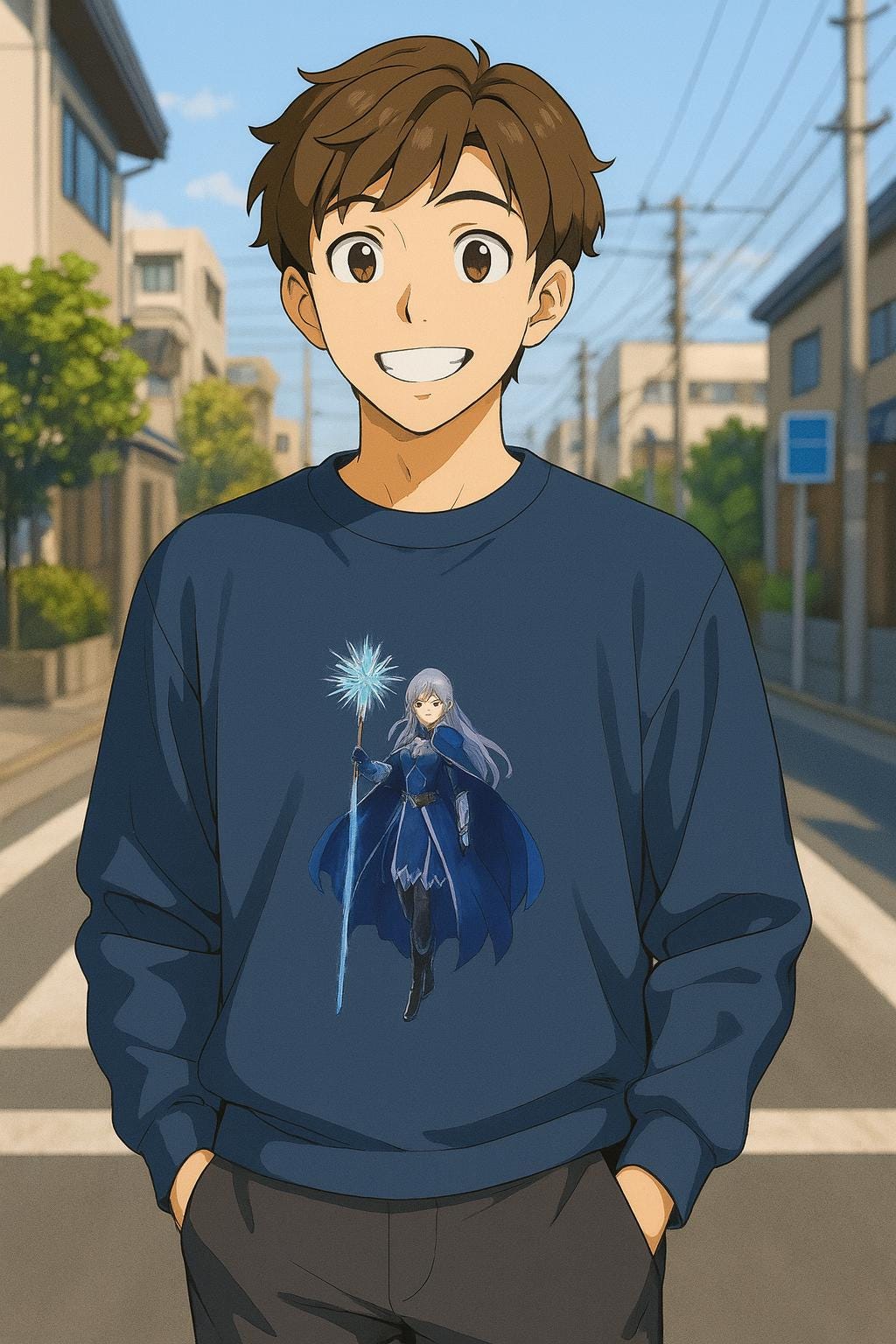 Ice Sorceress Anime Sweatshirt Blue Magic Glow Fantasy Mage Gift for Anime Fans Winter Streetwear Gamer Apparel Epic Anime