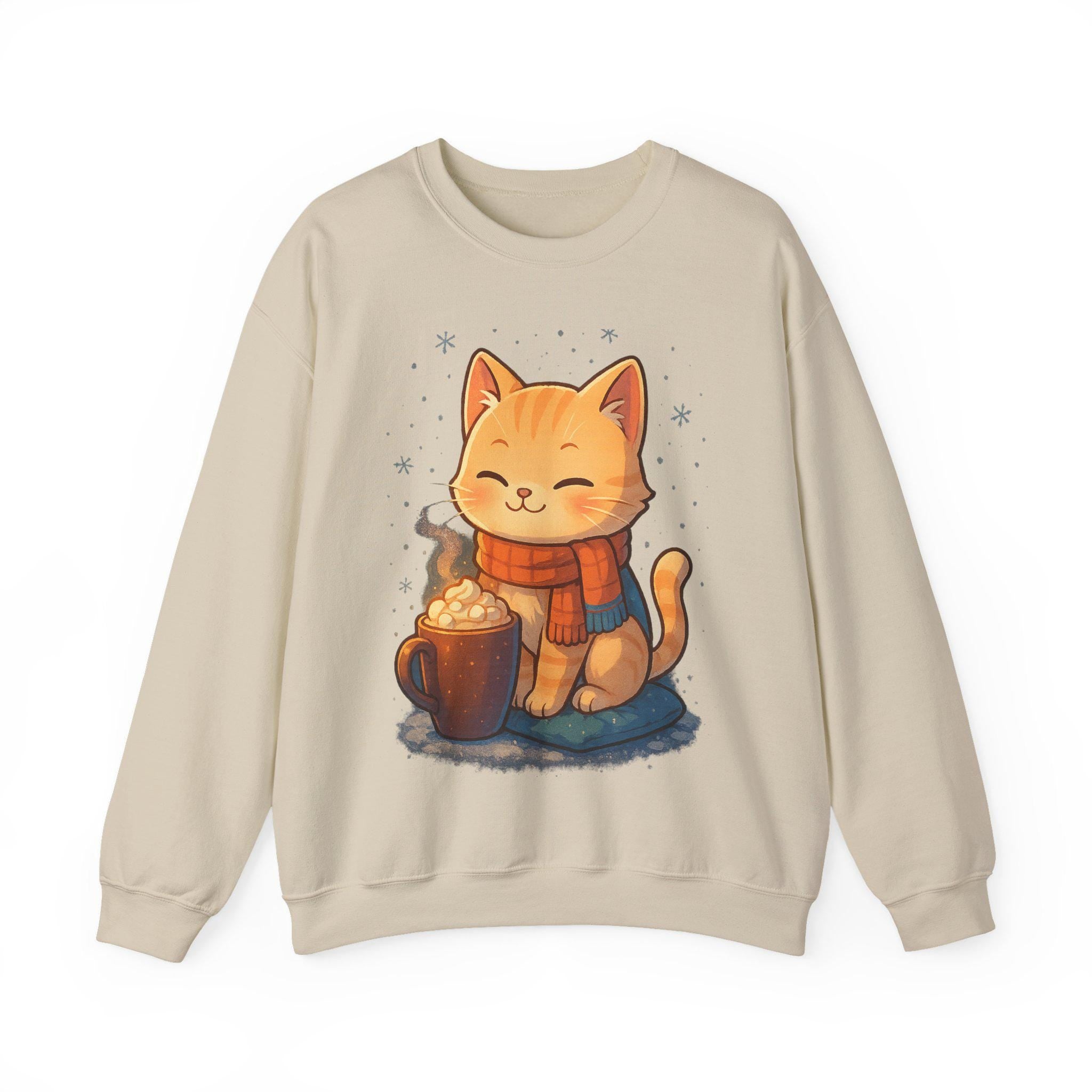 Cozy Winter Cat Sweatshirt | Anime Orange Tabby on Sand Crewneck | Hot Cocoa & Snowflakes Graphic | Gift for Cat and Anime Lovers