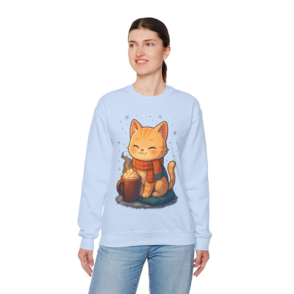 Cozy Winter Cat Sweatshirt | Anime Orange Tabby on Sand Crewneck | Hot Cocoa & Snowflakes Graphic | Gift for Cat and Anime Lovers