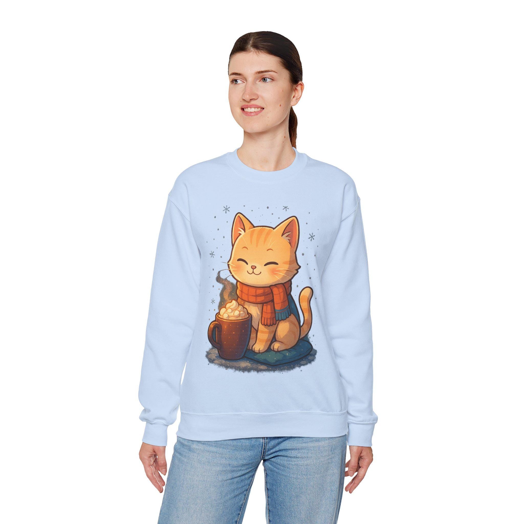 Cozy Winter Cat Sweatshirt | Anime Orange Tabby on Sand Crewneck | Hot Cocoa & Snowflakes Graphic | Gift for Cat and Anime Lovers