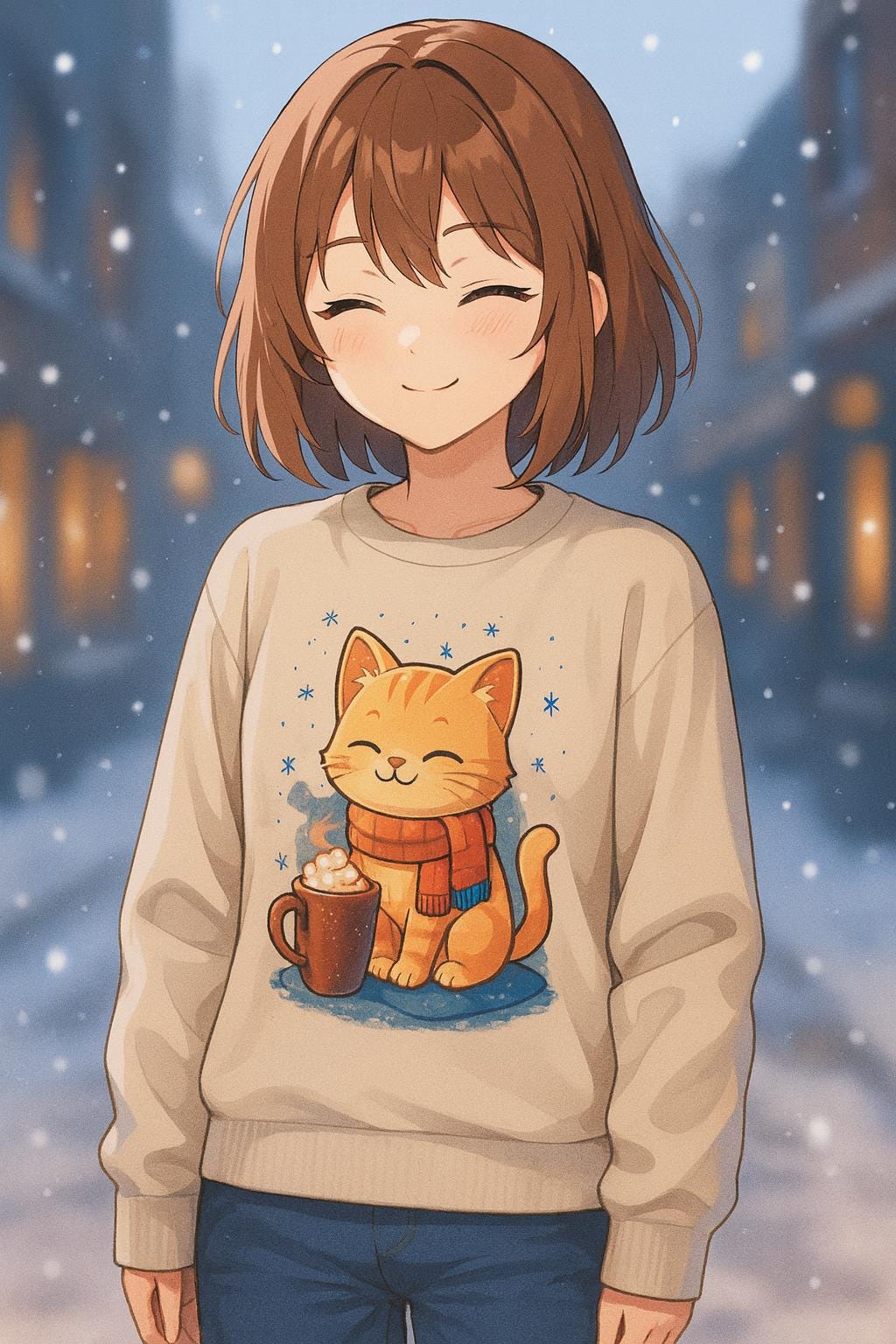 Cozy Winter Cat Sweatshirt | Anime Orange Tabby on Sand Crewneck | Hot Cocoa & Snowflakes Graphic | Gift for Cat and Anime Lovers