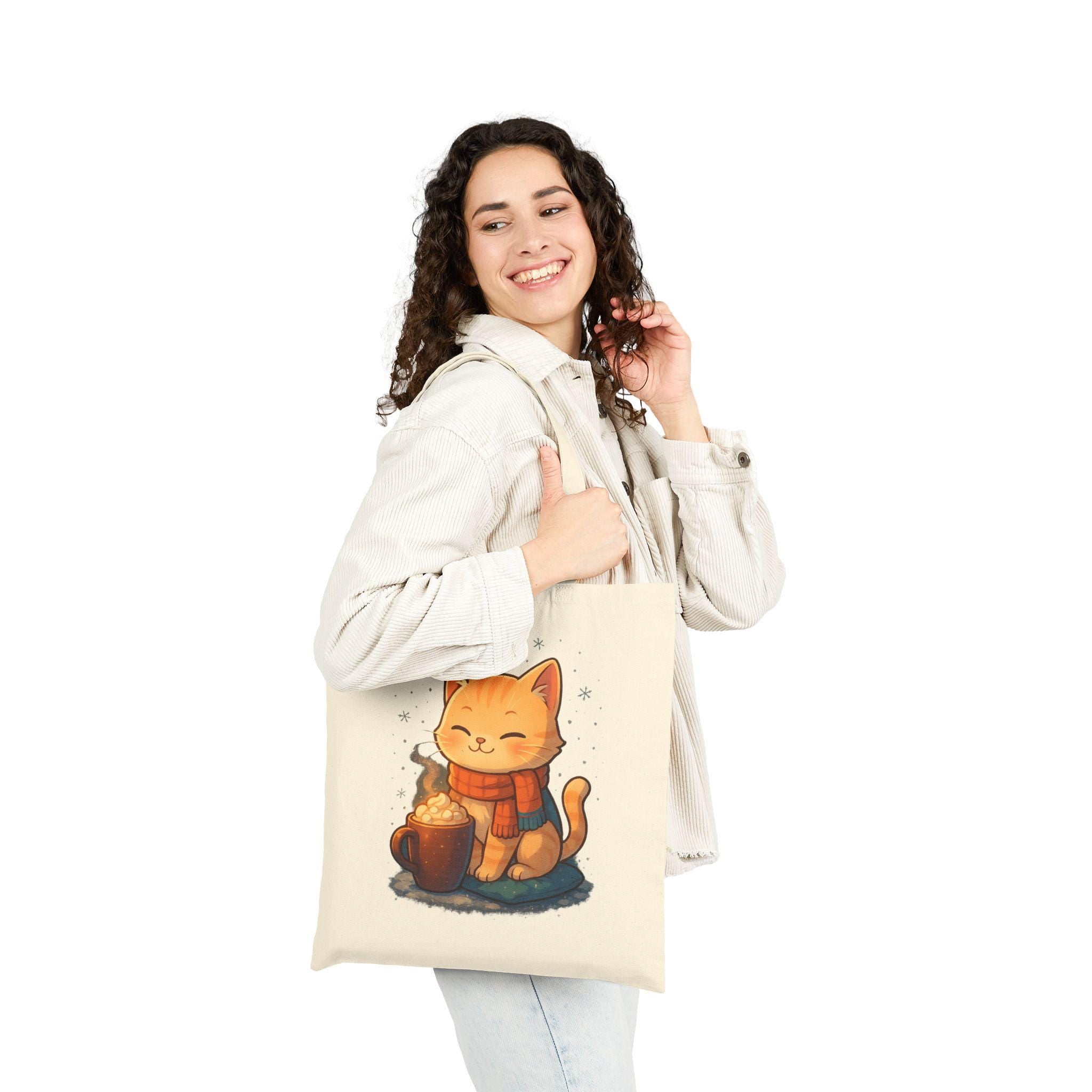 Cozy Cat Cocoa Tote Bag,  Cute Anime Orange Tabby with Hot Cocoa & Snowflakes