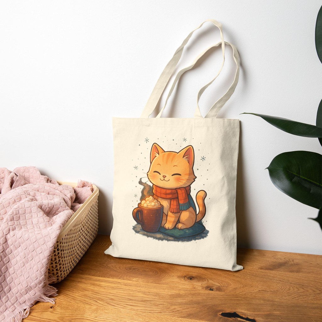Cozy Cat Cocoa Tote Bag,  Cute Anime Orange Tabby with Hot Cocoa & Snowflakes