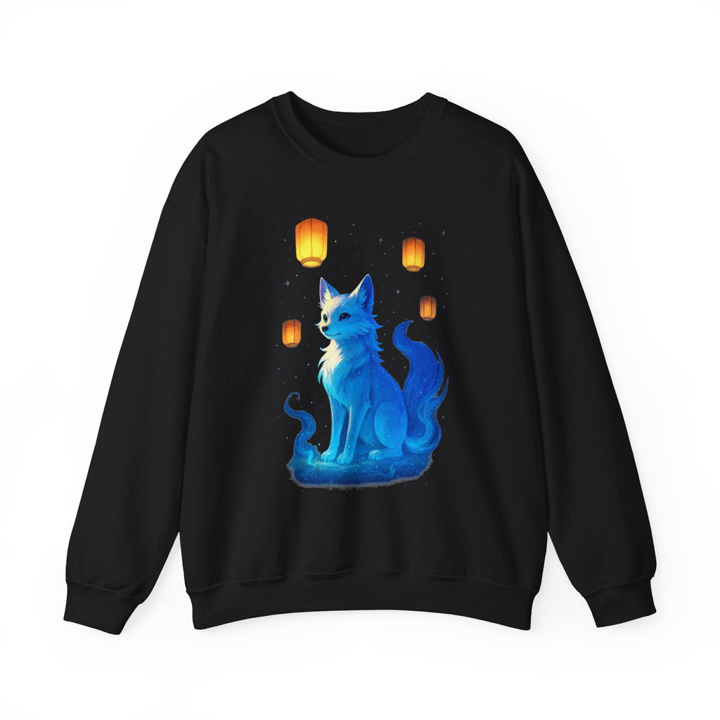 Blue Spirit Fox Sweatshirt Anime Fantasy Gift Cozy Lantern Night Sky Apparel for Anime Lovers and Gamers