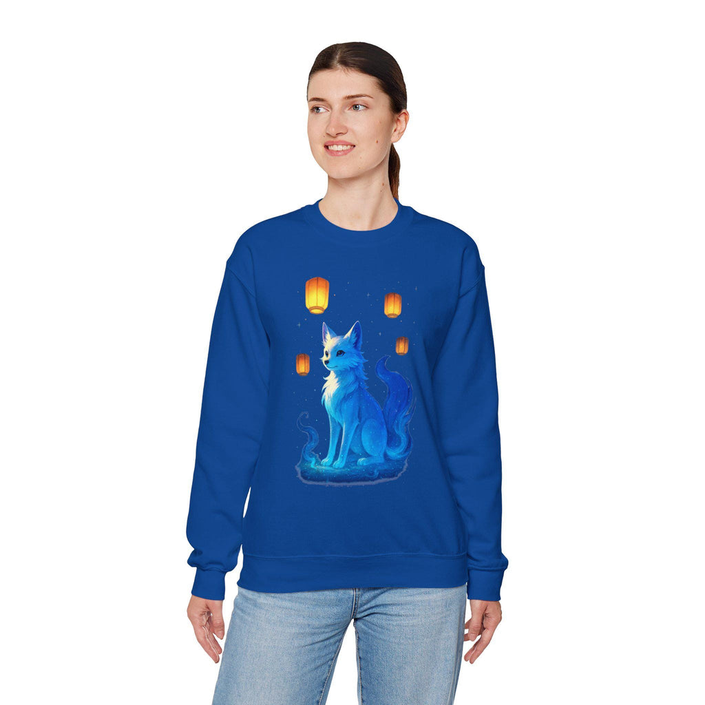 Blue Spirit Fox Sweatshirt Anime Fantasy Gift Cozy Lantern Night Sky Apparel for Anime Lovers and Gamers