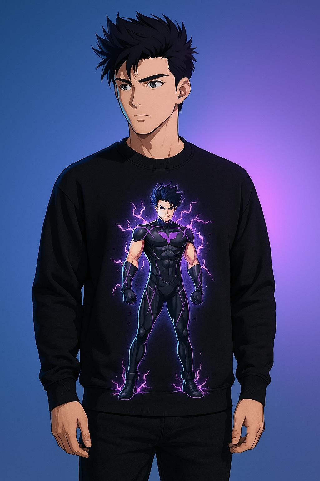 Dark Lightning Anime Sweatshirt Neon Glow Streetwear Futuristic Gift for Gamers and Anime Fans