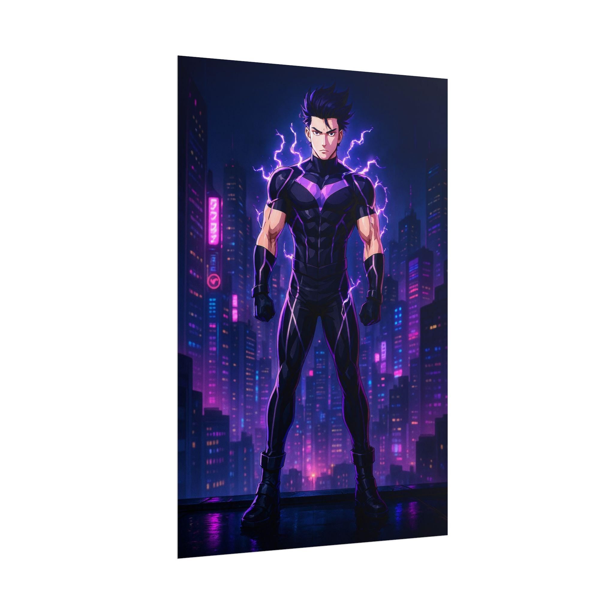 Cyberpunk Lightning Hero Poster Neon Glow Wall Art Futuristic Anime Print Gift for Gamers and Sci-Fi Fans