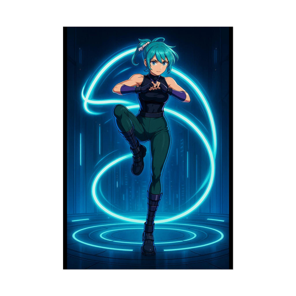 Cyber Lightning Anime Girl Poster Neon Glow Wall Art Futuristic Techwear Anime Room Decor Gift for Gamers and Fans