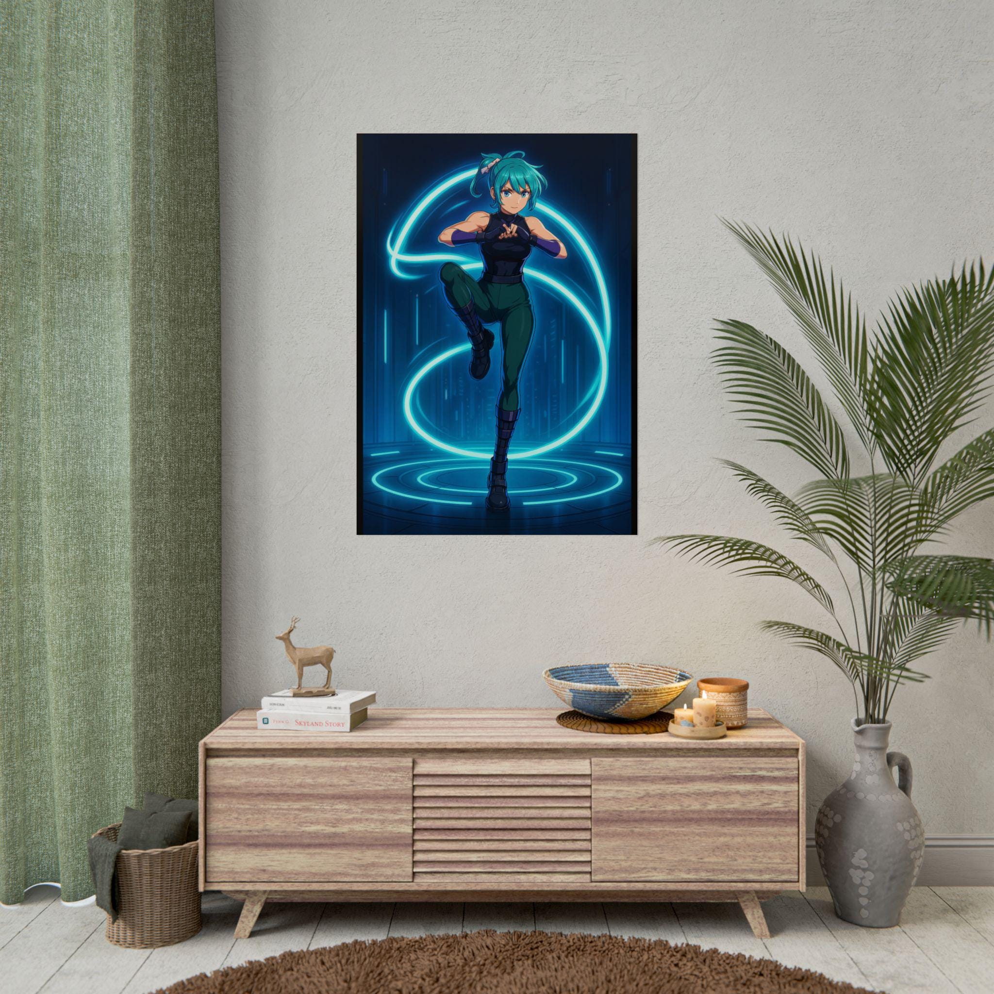 Cyber Lightning Anime Girl Poster Neon Glow Wall Art Futuristic Techwear Anime Room Decor Gift for Gamers and Fans