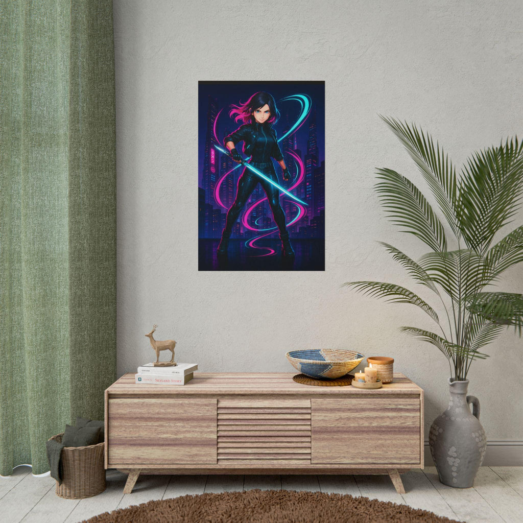 Cyberpunk Anime Girl Poster Neon City Blade Wall Art Futuristic Samurai Aesthetic Print for Gamers and Anime Lovers