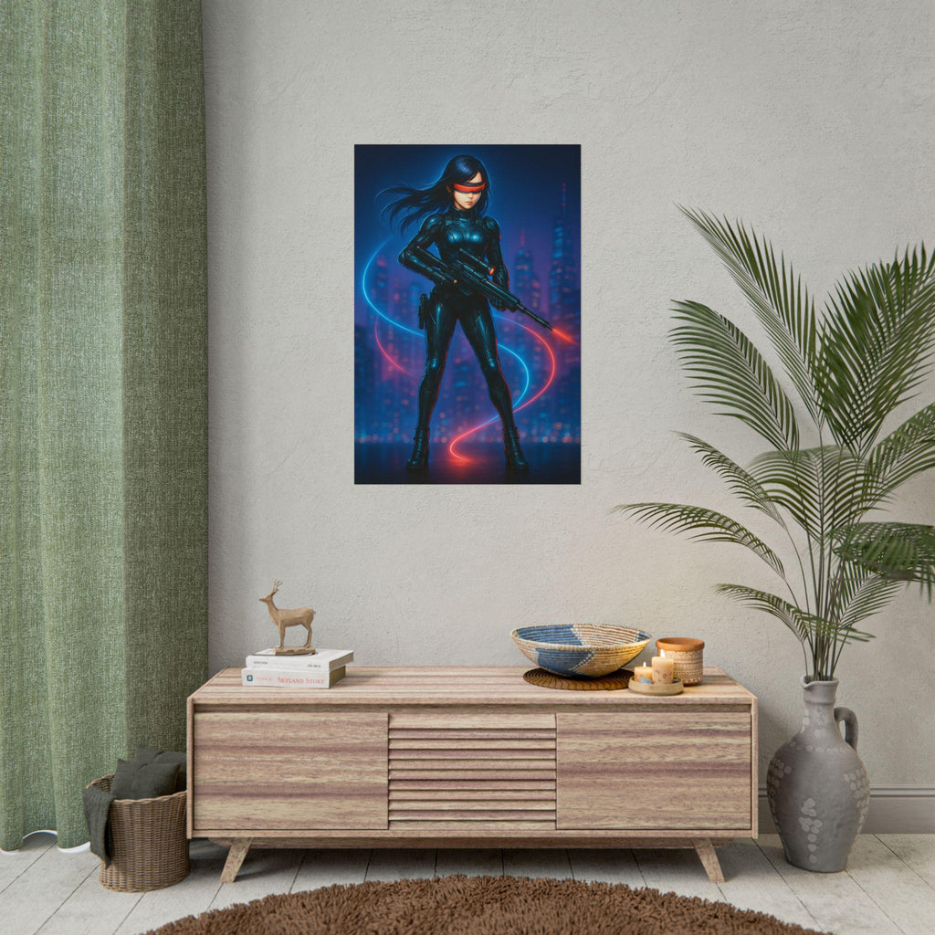 Cyberpunk Anime Girl Poster Neon City Sniper Wall Art Futuristic Sci Fi Print Gift for Gamers and Anime Lovers