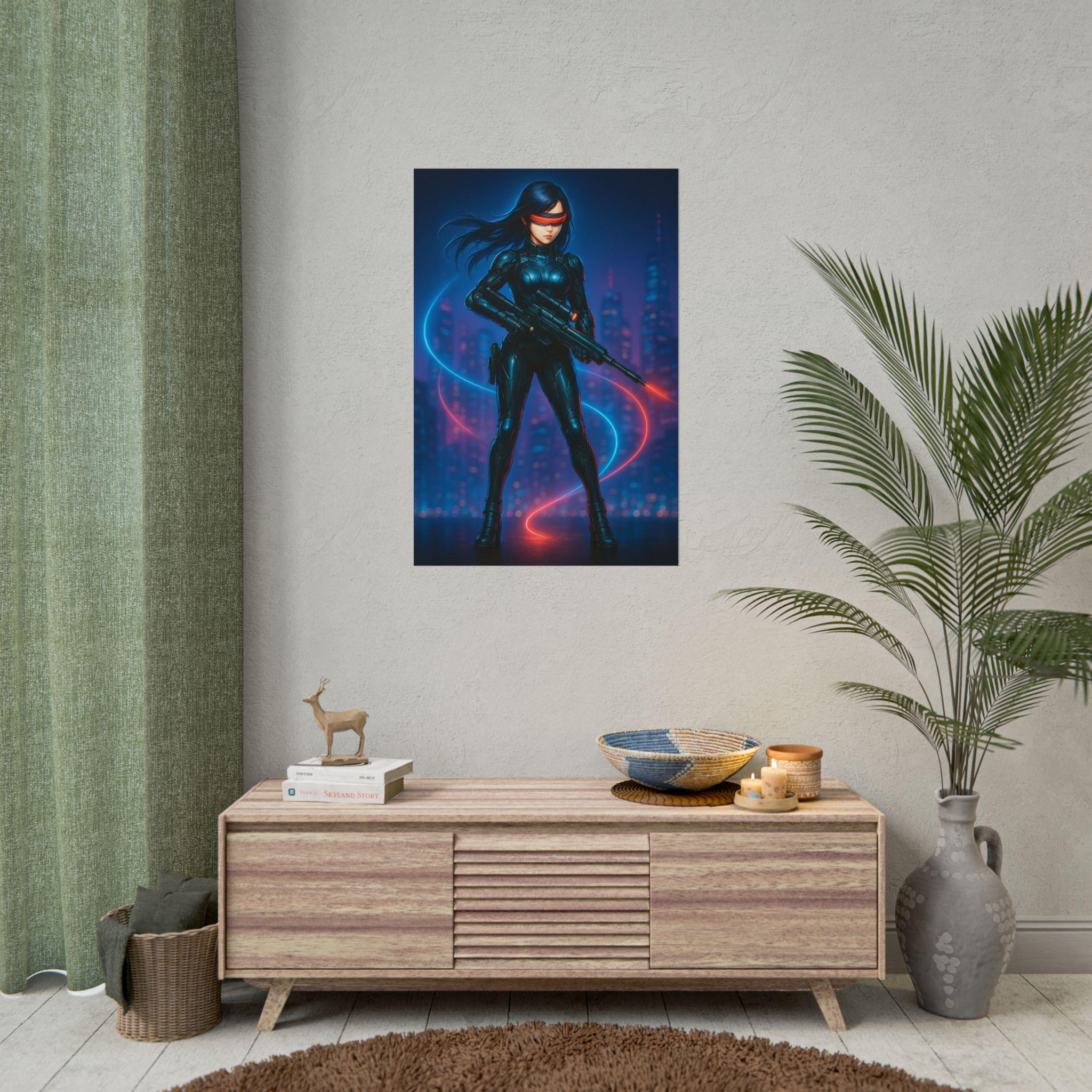 Cyberpunk Anime Girl Poster Neon City Sniper Wall Art Futuristic Sci Fi Print Gift for Gamers and Anime Lovers