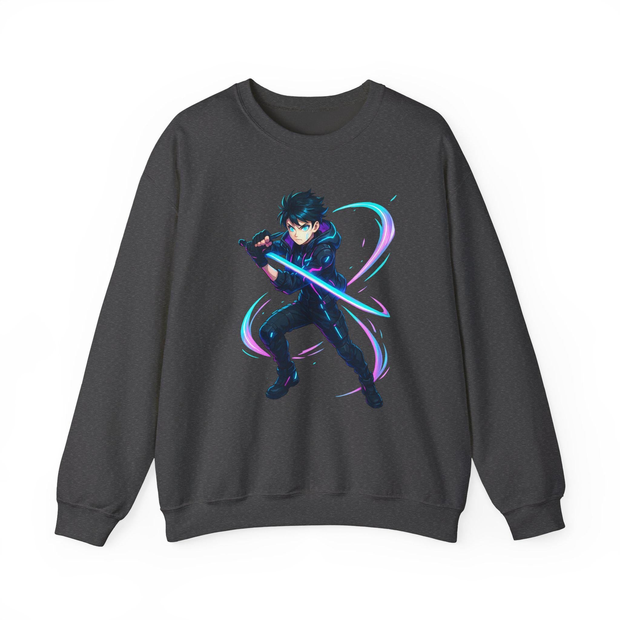 Cyberpunk Anime Boy Sweatshirt Neon Blade Streetwear Futuristic Techwear Gift for Gamers and Anime Fans