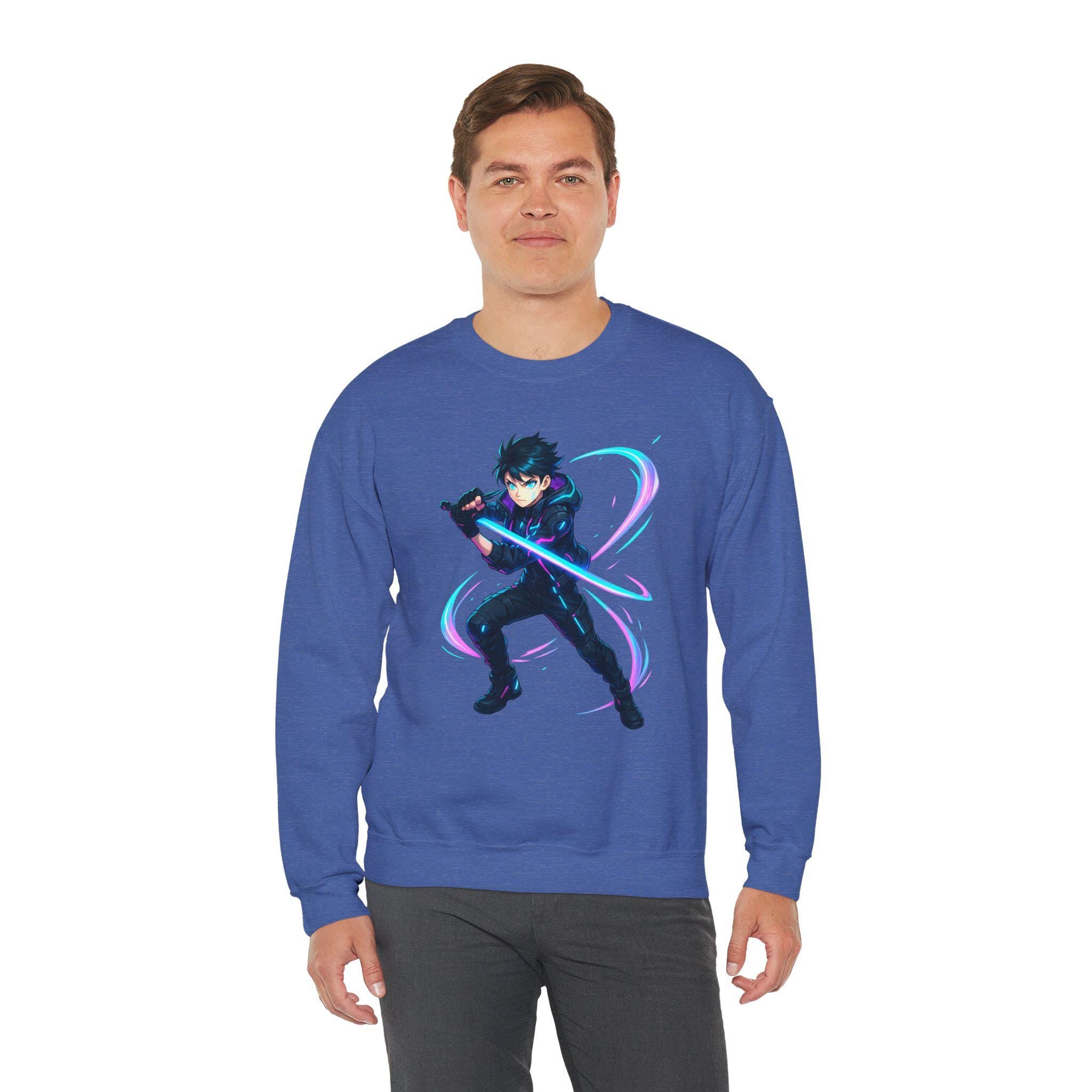 Cyberpunk Anime Boy Sweatshirt Neon Blade Streetwear Futuristic Techwear Gift for Gamers and Anime Fans
