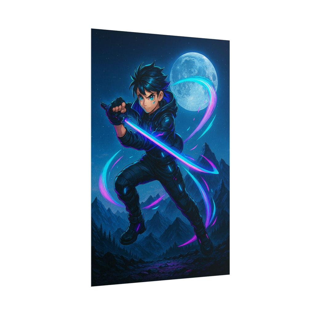 Anime Ninja Poster Cyber Samurai Glow Sword Neon Moon Night Scene Wall Art for Gamers Teens Bedroom Decor Gift for Anime Fans