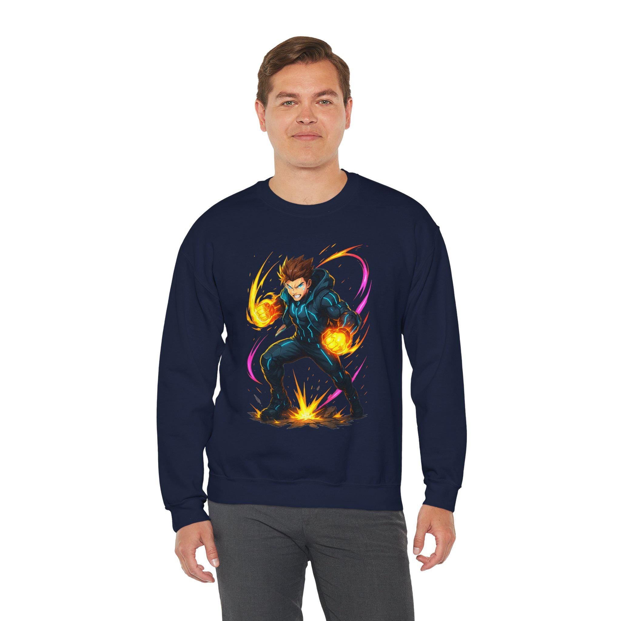 Anime Fire Power Sweatshirt Neon Glow Streetwear Futuristic Techwear Gift for Gamers and Anime Fans