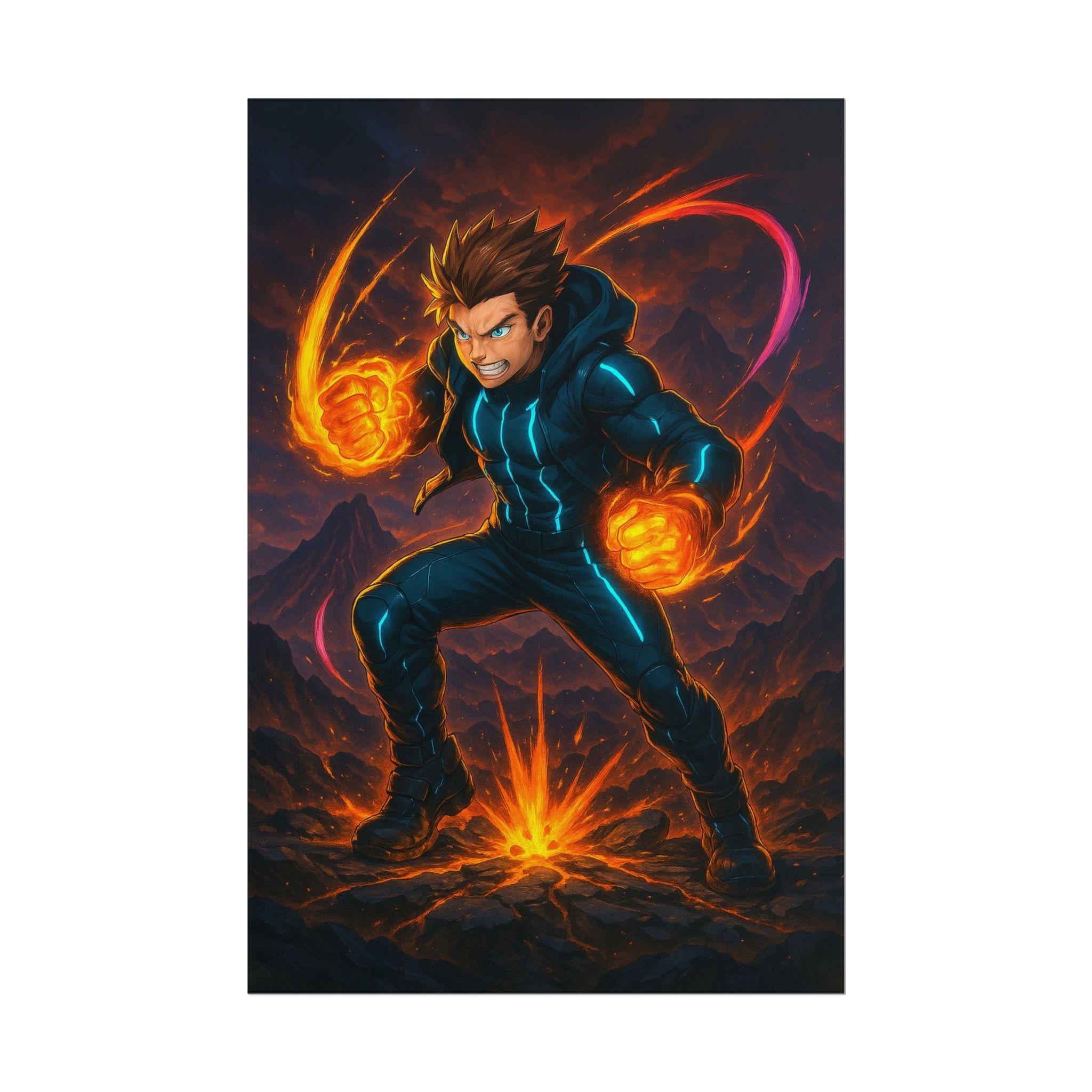 Anime Fire Power Poster Neon Glow Wall Art Futuristic Warrior Print Gift for Gamers and Anime Lovers