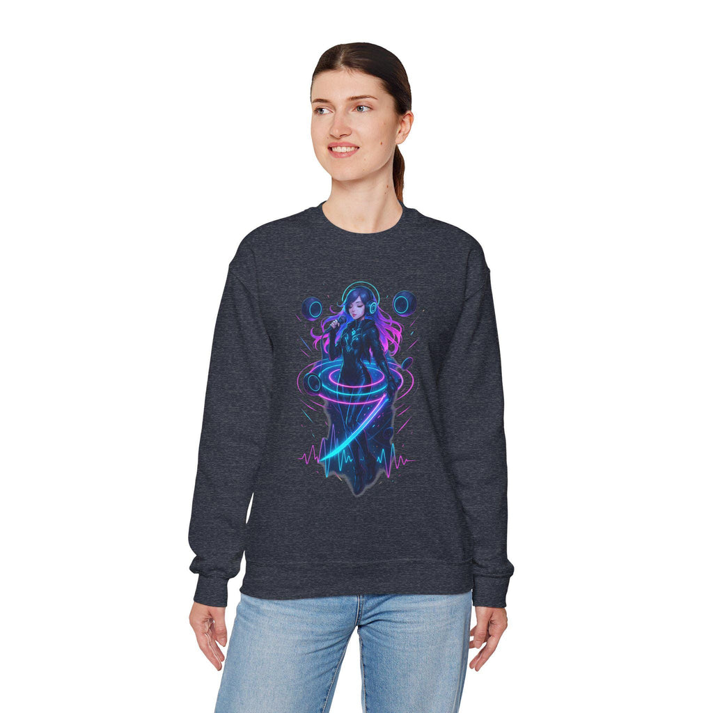 Cyberpunk DJ Girl Sweatshirt Neon Glow Streetwear Techwear Gift for Anime Lovers and Gamers