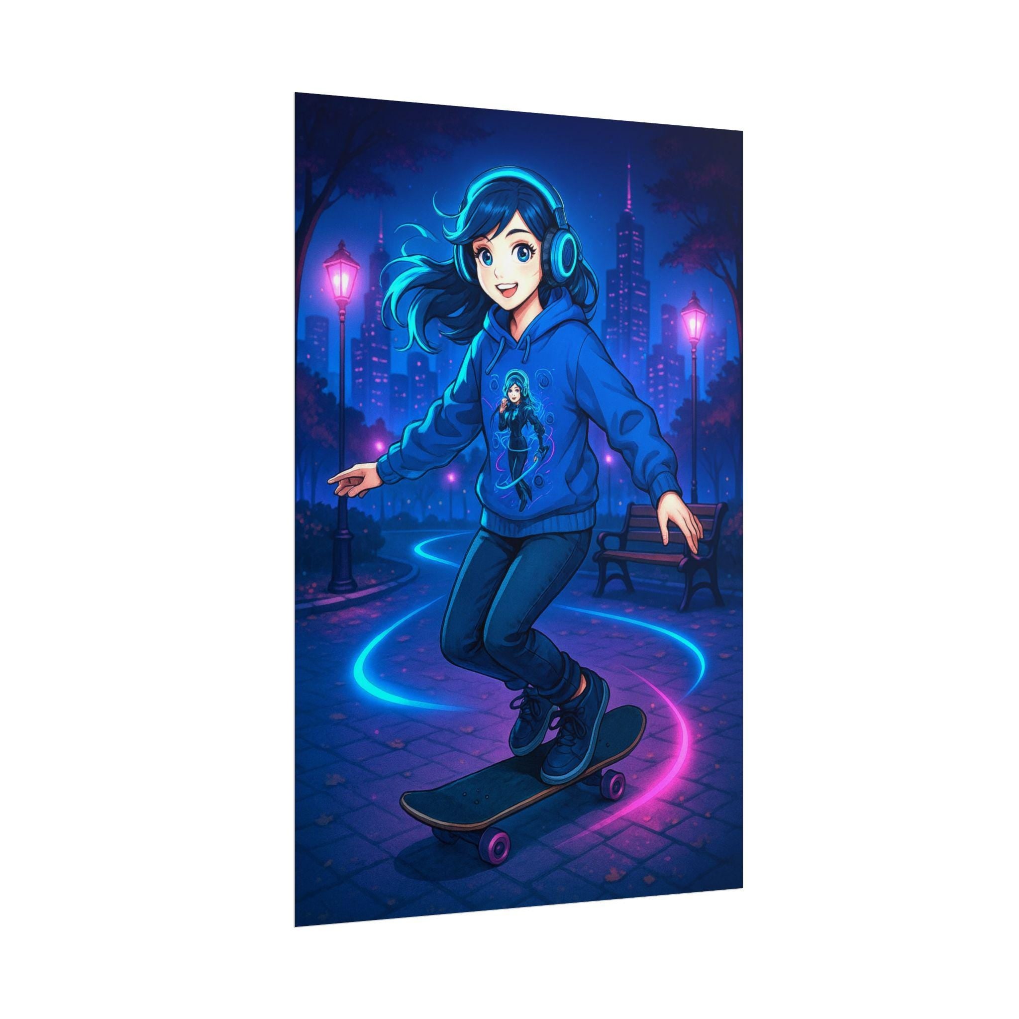 DJ Skater Girl Poster Neon City Art Print Futuristic Anime Wall Decor for Gamers and Music Lovers