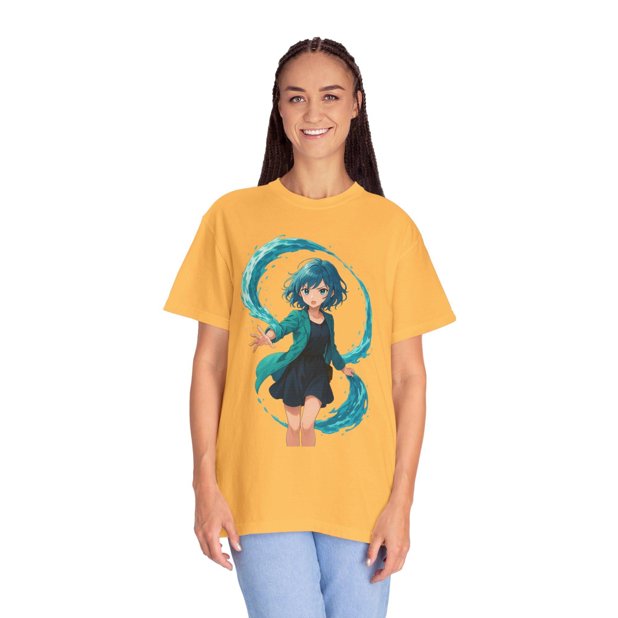 Anime Water Spirit Girl T-Shirt Neon Wave Power Graphic Tee Japanese Fantasy Streetwear Gift for Anime Fans