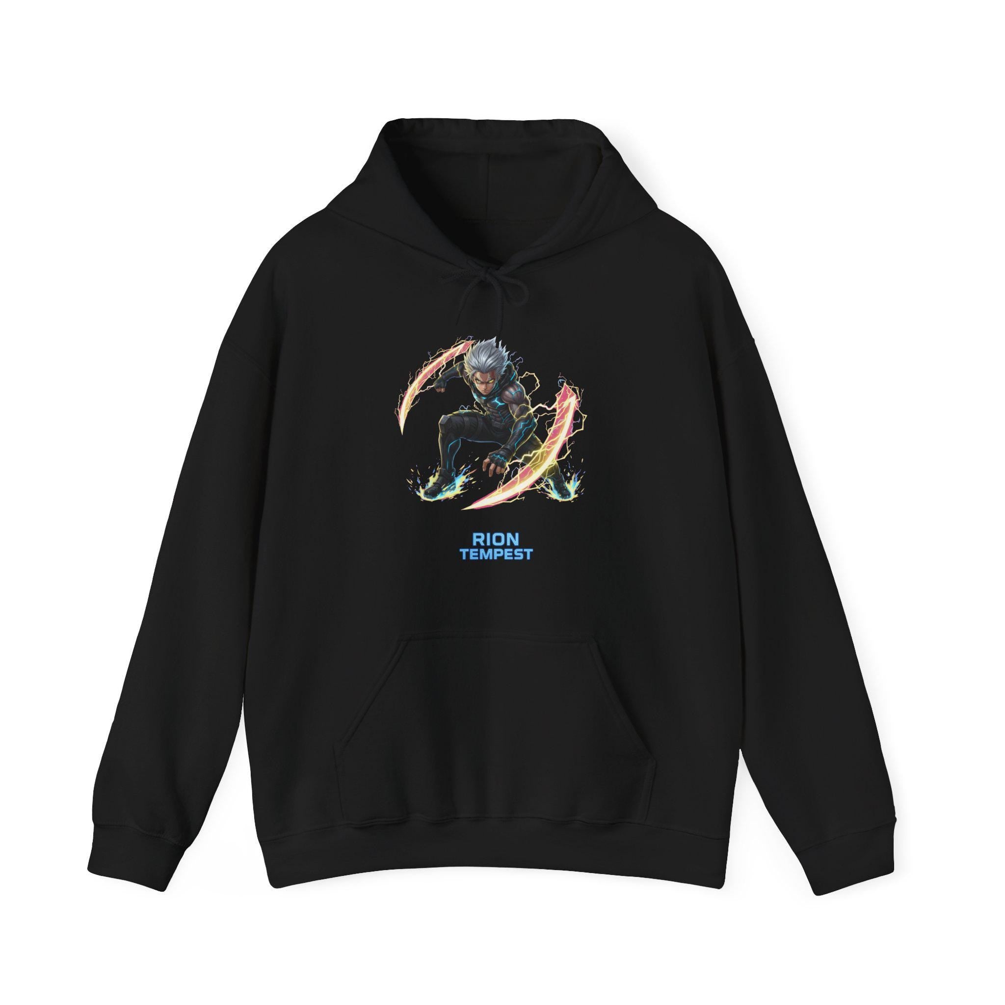 Rion Tempest Lightning Hoodie, Neon Anime Streetwear | Futuristic Techie Gift | Cyberpunk Hoodie for Gamers Anime Fans | Epic Anime Apparel