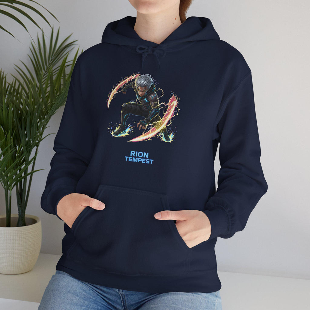 Rion Tempest Lightning Hoodie, Neon Anime Streetwear | Futuristic Techie Gift | Cyberpunk Hoodie for Gamers Anime Fans | Epic Anime Apparel