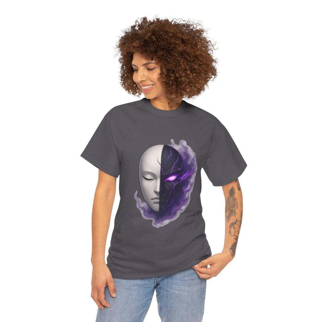 Anime Oni Mask T-Shirt Dark Spirit Face Split Design Neon Purple Glow Streetwear Gift for Anime Lovers and Gamers