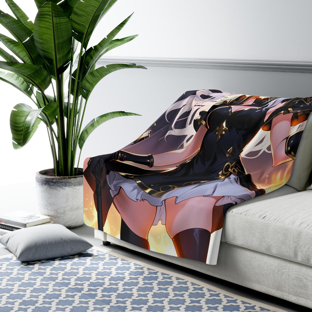 Dark Flame Sorceress Anime Sherpa Blanket 60x80 Gothic Fire Mage Gift Black Gold Magic Girl Fleece Throw | Epic Anime Home Decor