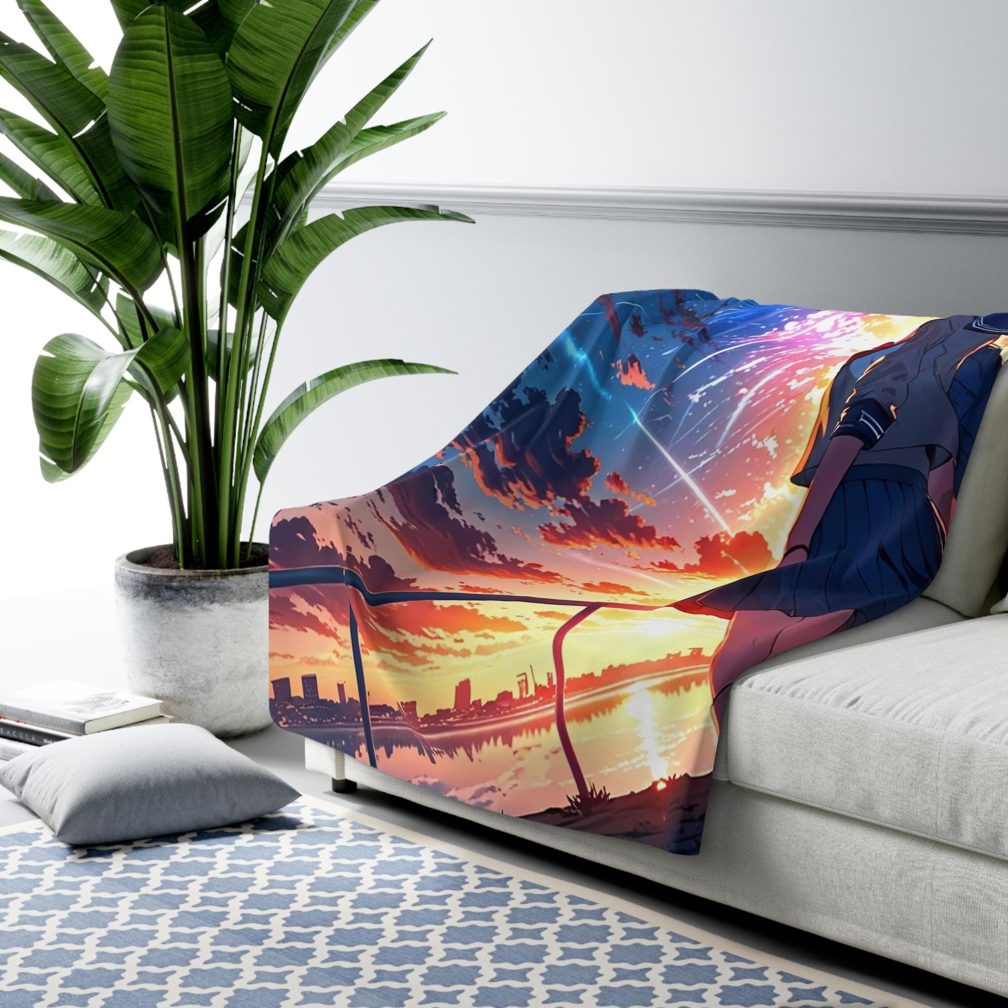 Anime Sherpa Blanket Meteor Sky Girl Cozy Fleece Throw Kawaii Aesthetic Blanket Gift for Anime Lovers and Fans