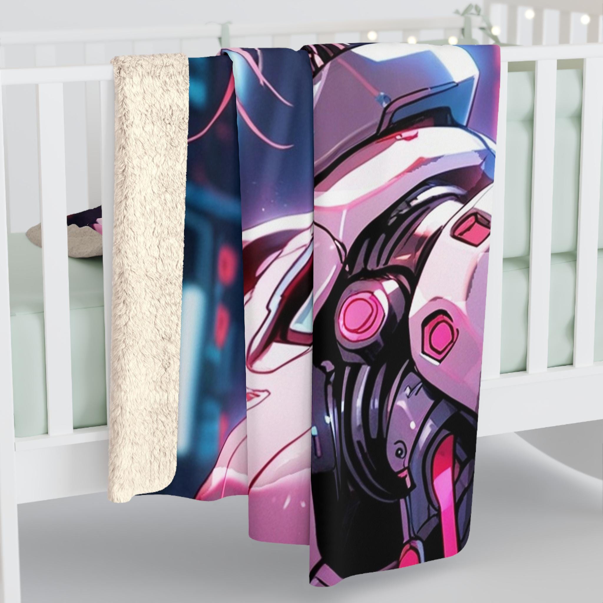 Cyberpunk Anime Girl Sherpa Blanket Pink Hair Neon Headphones Fleece Throw Gift for Gamers and Anime Lovers