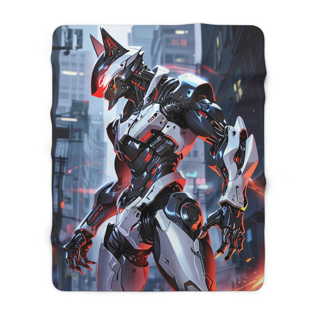 Cyber Wolf Mecha Sherpa Blanket  | Futuristic Anime Armor with Wolf Head | Gamer Gift, Otaku Bedding, Mechacore Vibes | Epic Anime Apparel