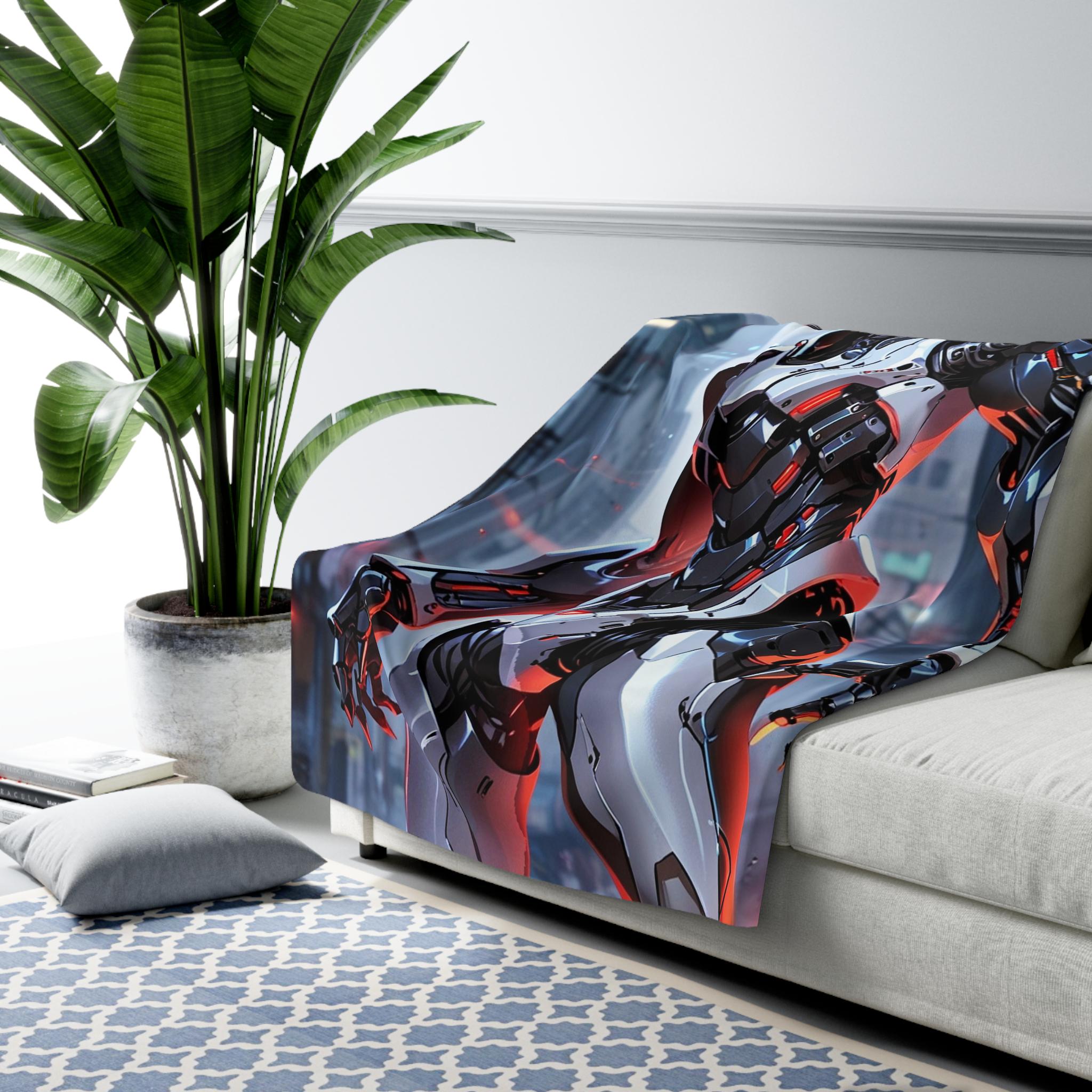 Cyber Wolf Mecha Sherpa Blanket  | Futuristic Anime Armor with Wolf Head | Gamer Gift, Otaku Bedding, Mechacore Vibes | Epic Anime Apparel
