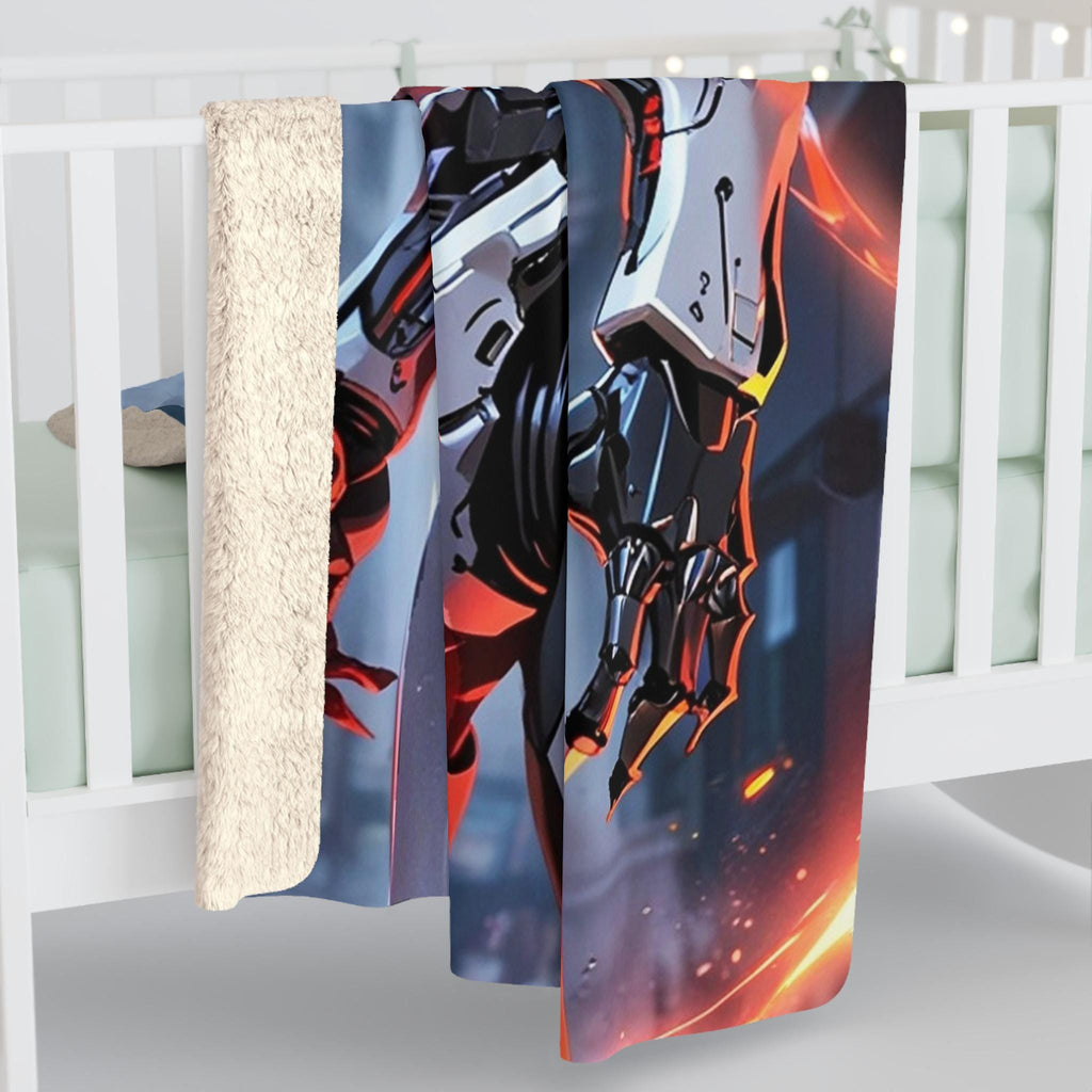 Cyber Wolf Mecha Sherpa Blanket  | Futuristic Anime Armor with Wolf Head | Gamer Gift, Otaku Bedding, Mechacore Vibes | Epic Anime Apparel