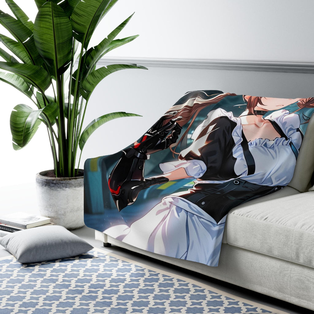 Anime Catgirl Sherpa Blanket Cyber Maid with Robotic Arm Fleece Throw Futuristic Anime Blanket Gift for Otaku and Cosplayers