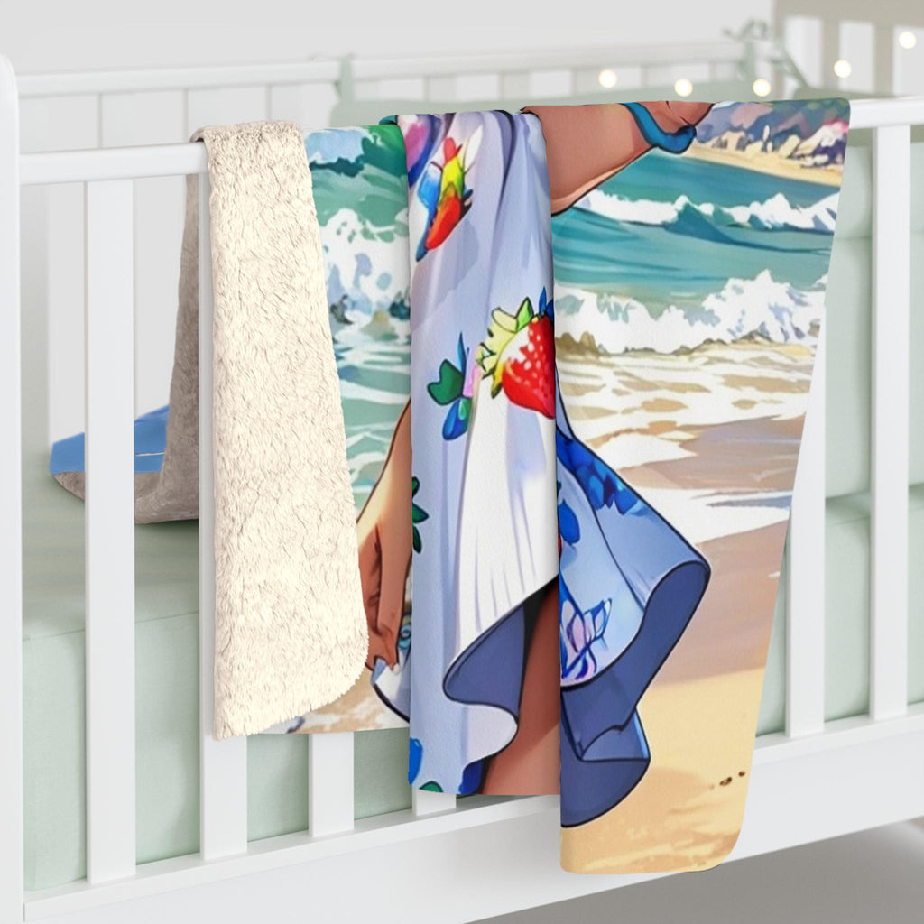 Kawaii Beach Girl Sherpa Blanket Summer Anime Fleece Throw Strawberry Dress Ice Cream Scene Gift for Anime Fans