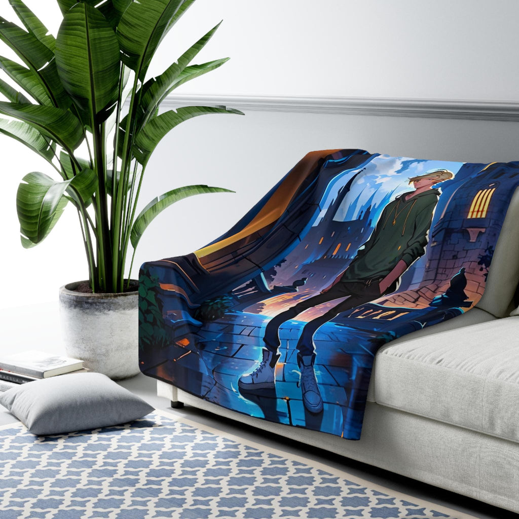 Anime  Boy Sherpa Blanket Blue Moon Fantasy Castle Fleece Throw Urban Fantasy Gift for Anime and Gamer Fans