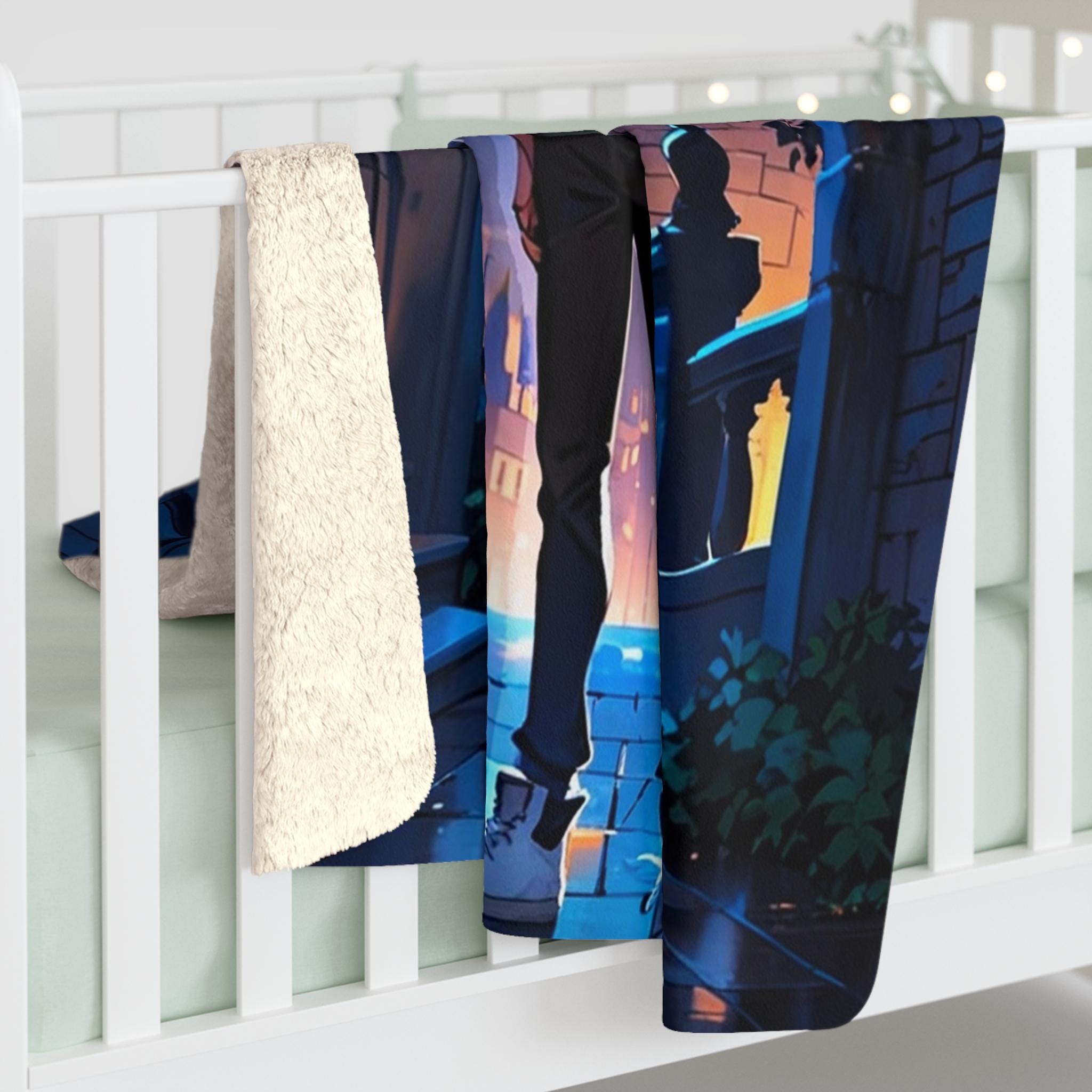 Anime  Boy Sherpa Blanket Blue Moon Fantasy Castle Fleece Throw Urban Fantasy Gift for Anime and Gamer Fans