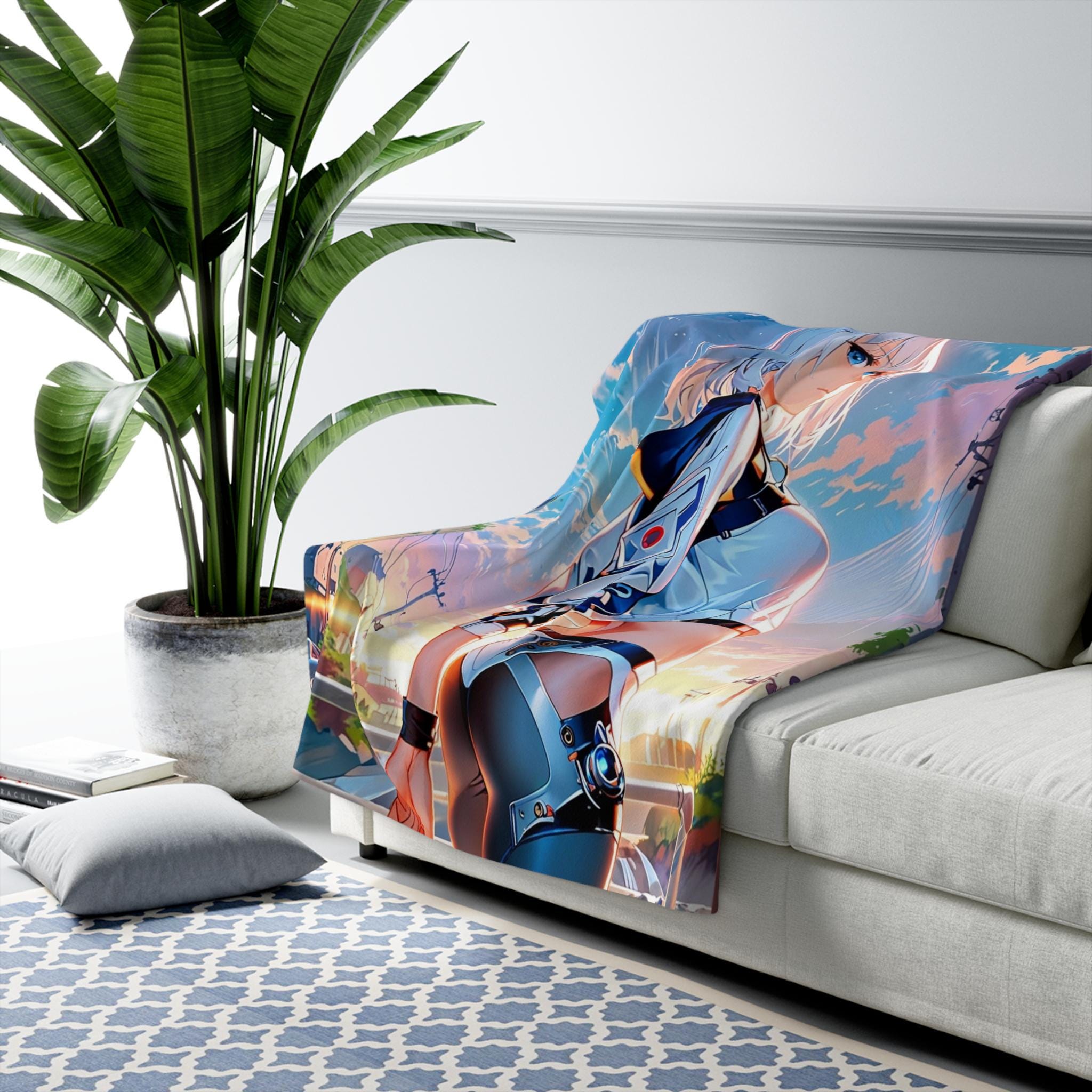 Futuristic Anime Girl Sherpa Blanket White Hair Blade Warrior Fleece Throw Neon City Sunset Gift for Anime and Gamer Fans